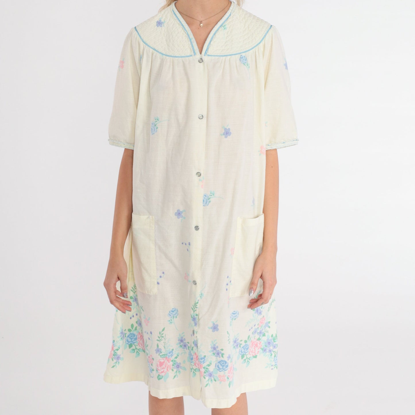 80s Pale Yellow Floral Nightgown Midi Snap-Front Pajama Dress Pockets Large L