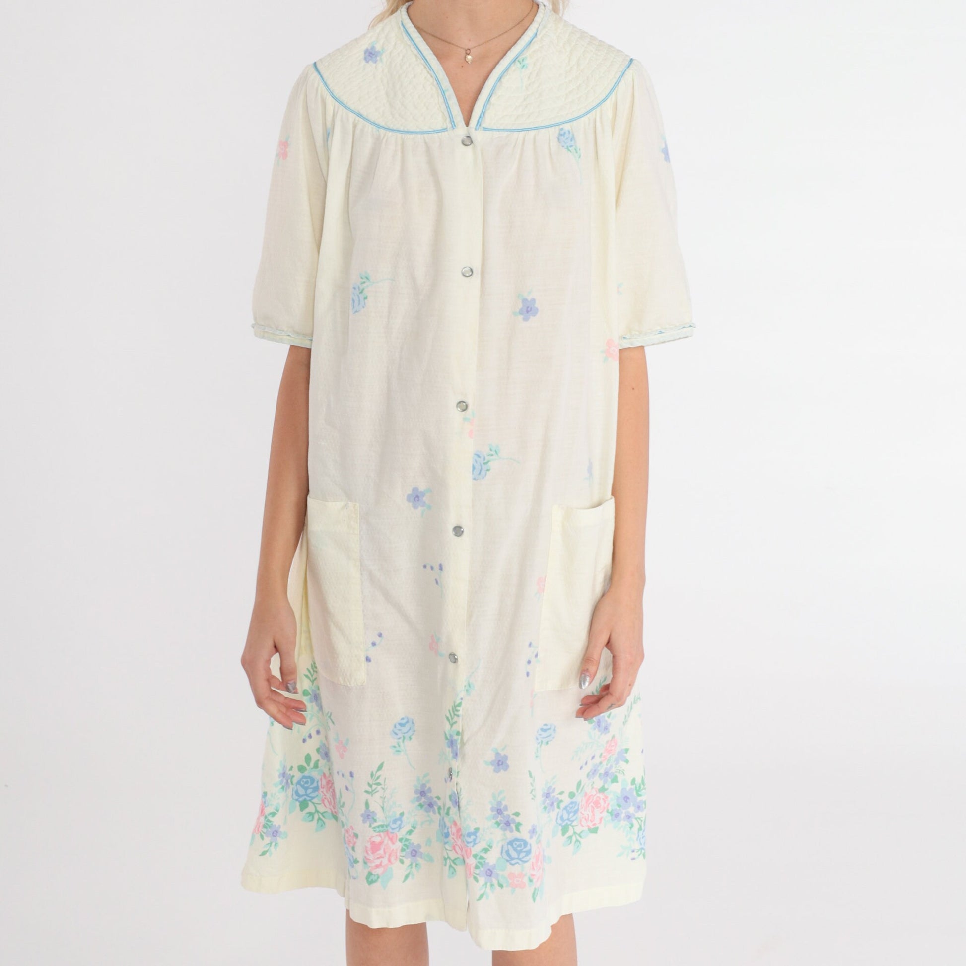 80s Pale Yellow Floral Nightgown Midi Snap-Front Pajama Dress Pockets Large L