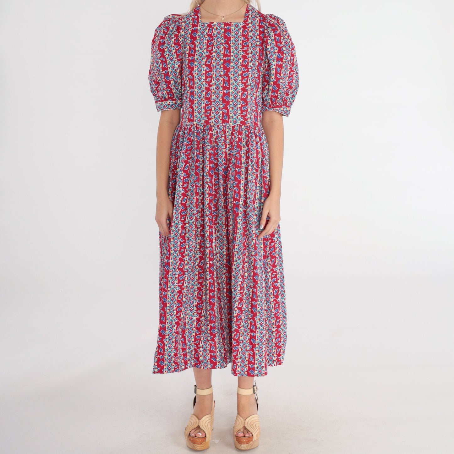 90s Laura Ashley Red Striped Leaf Print Midi Dress Puff Sleeve Medium
