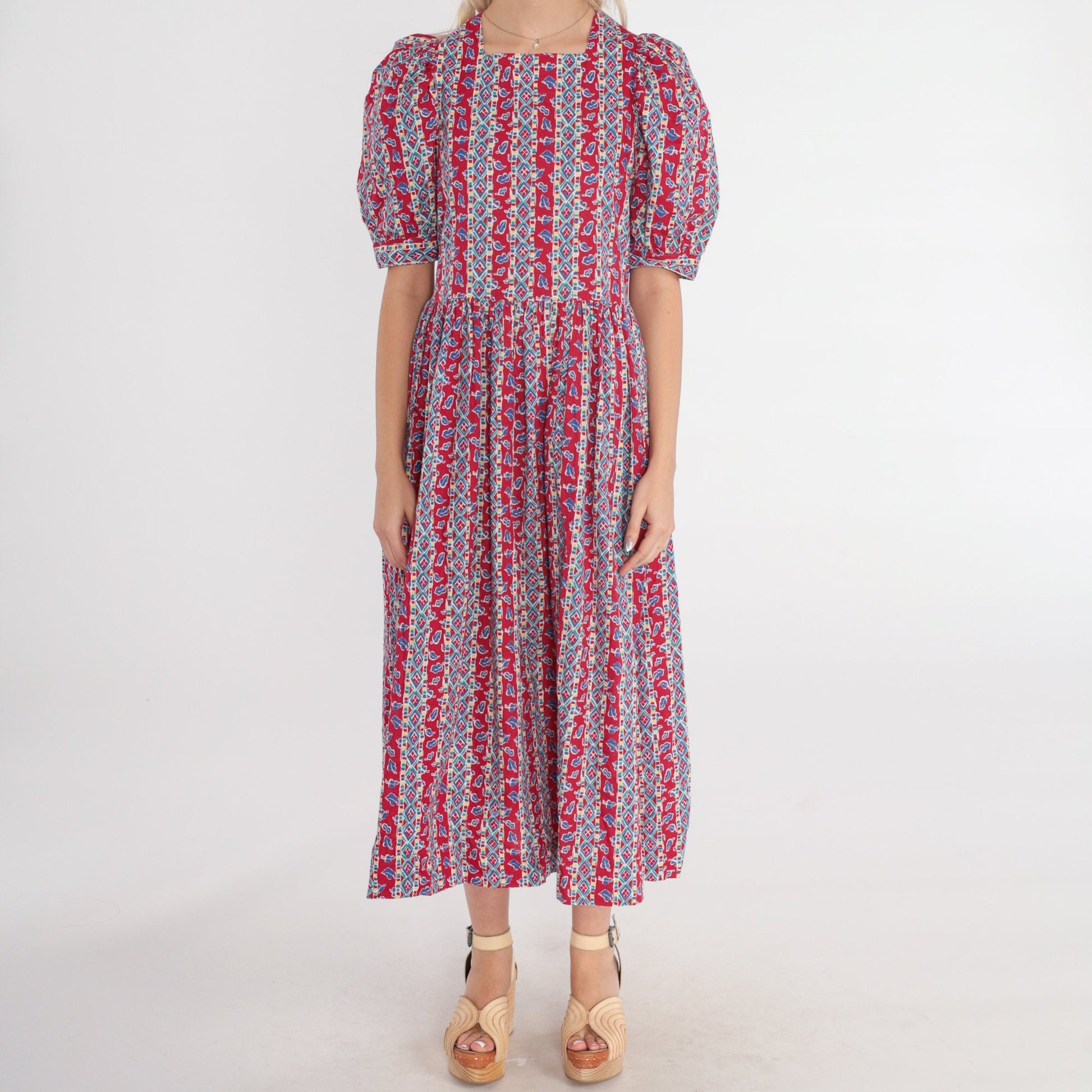 90s Laura Ashley Red Striped Leaf Print Midi Dress Puff Sleeve Medium