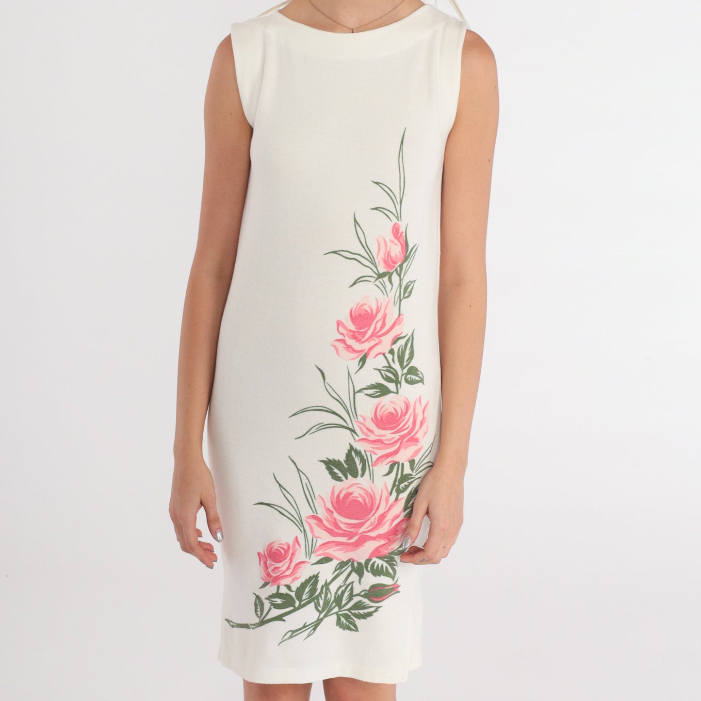 80s Rose Print White Mini Dress Sleeveless Shift Pink Floral Side Slit Extra Small