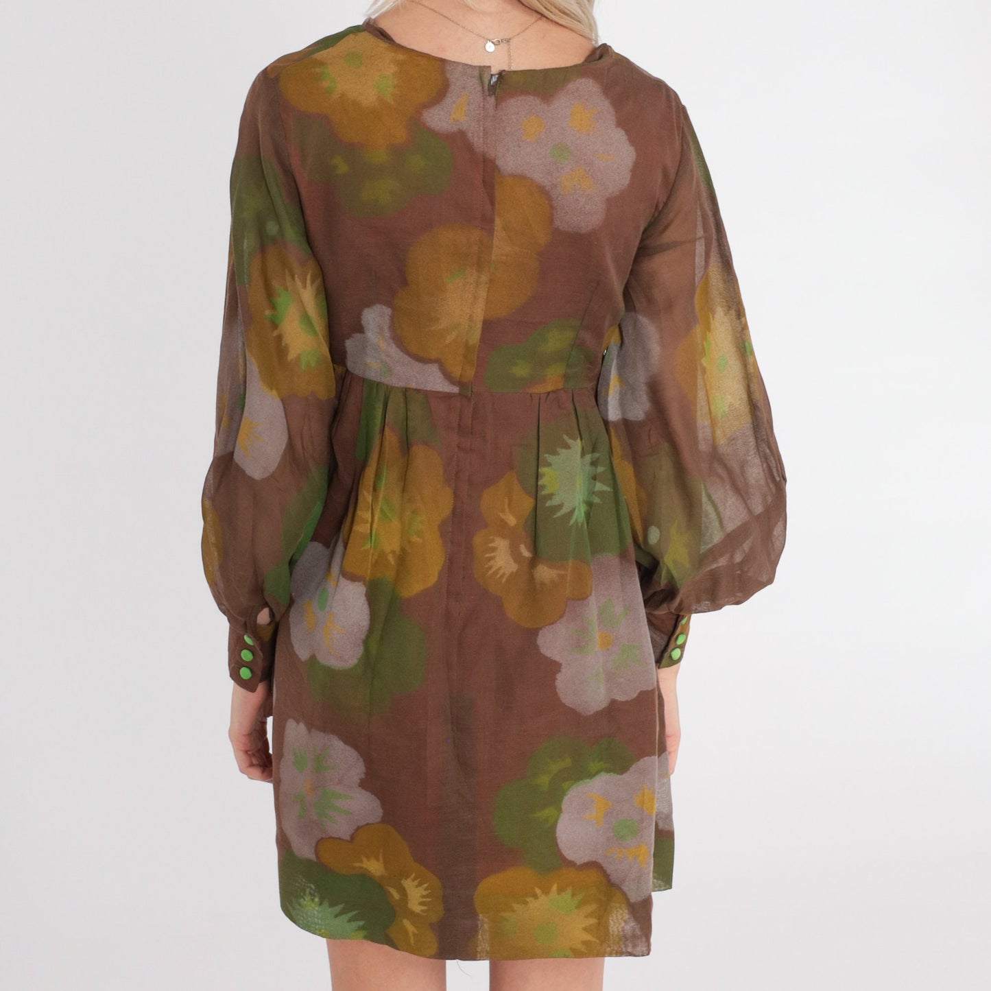 60s Brown Floral Babydoll Dress Mini Empire Waist Balloon Sleeve Extra Small