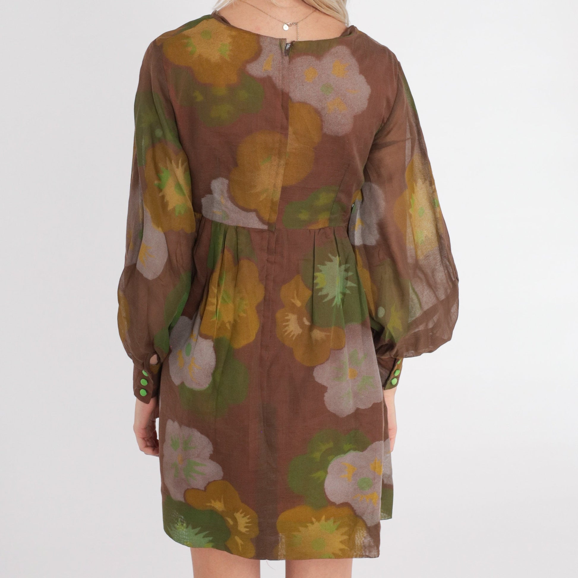 60s Brown Floral Babydoll Dress Mini Empire Waist Balloon Sleeve Extra Small