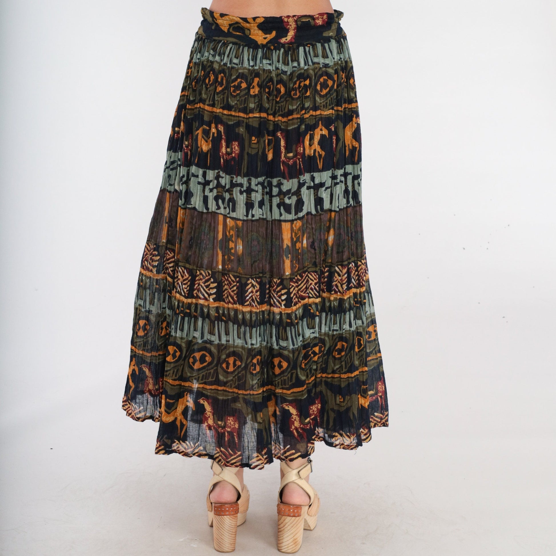 90s Geometric Horse Print Broomstick Skirt Olive Green Drawstring Medium Large