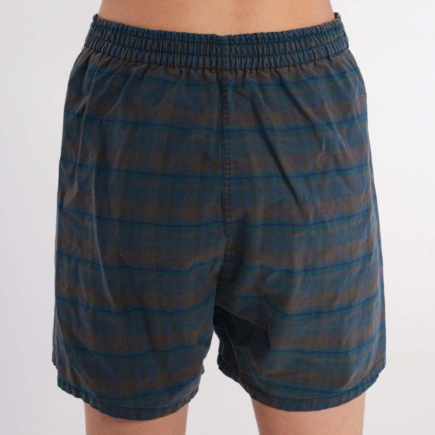 70s Plaid Swim Shorts Dark Blue Brown Checkered Elastic Waist Small