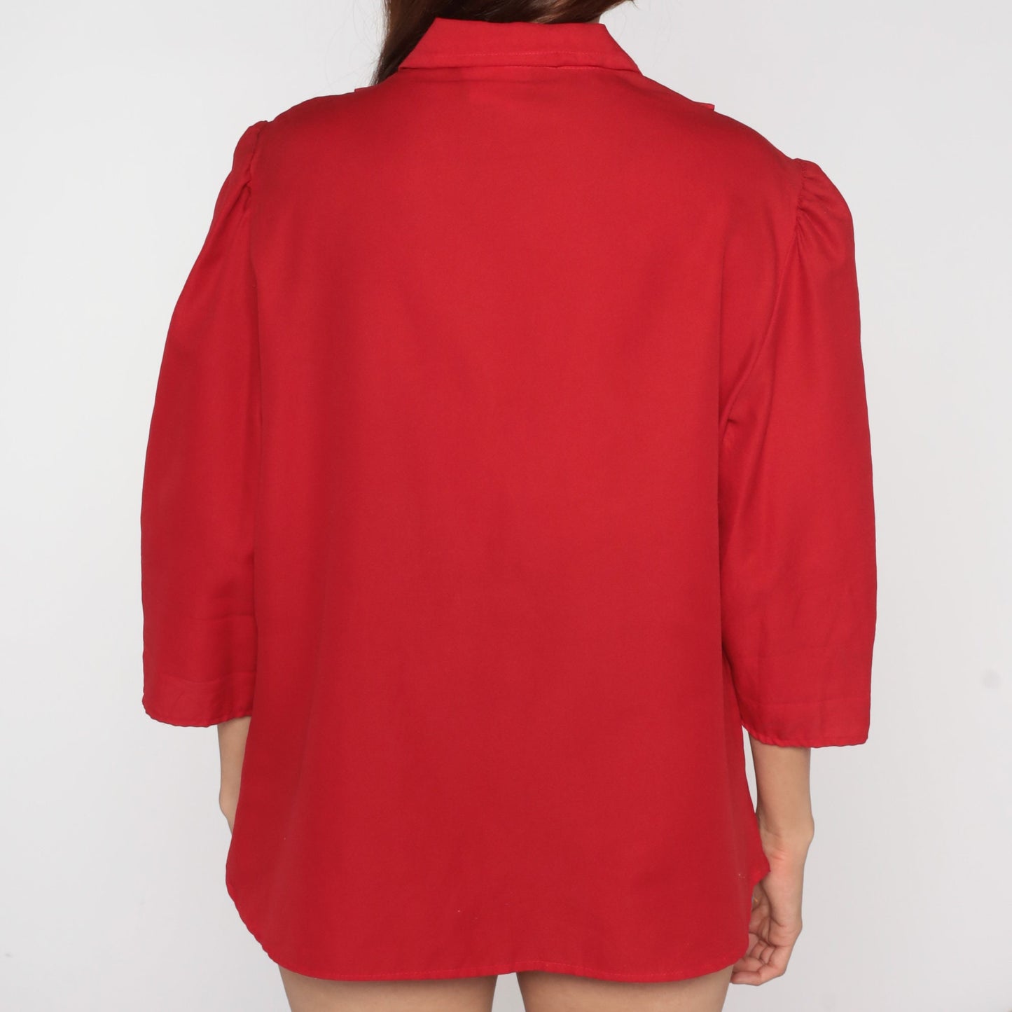 80s Red Ruffle Bib Blouse Peter Pan Collar Puff Sleeve Button Up Large