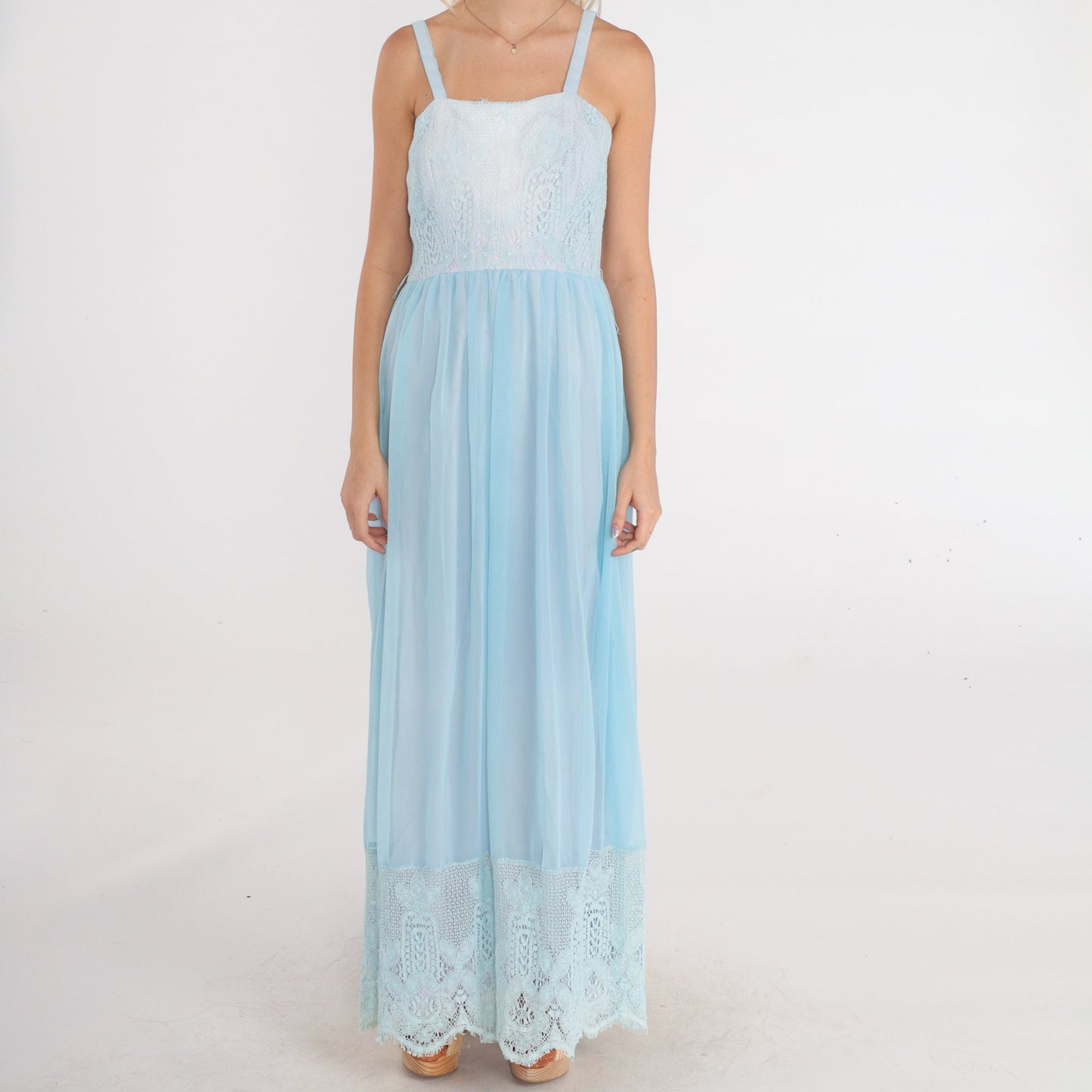 70s Baby Blue Lace Maxi Dress High Waist Tank Strap Sundress Small