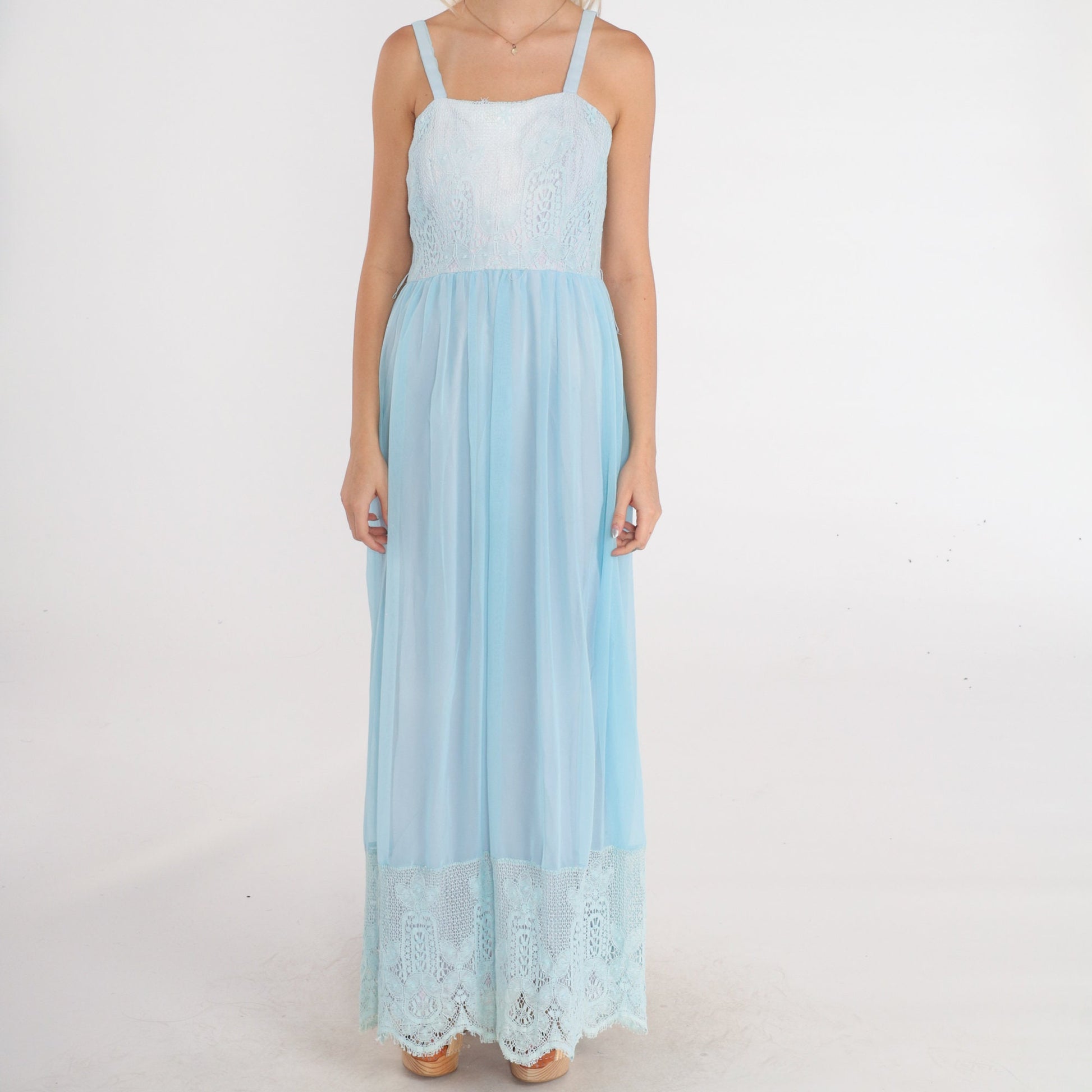 70s Baby Blue Lace Maxi Dress High Waist Tank Strap Sundress Small