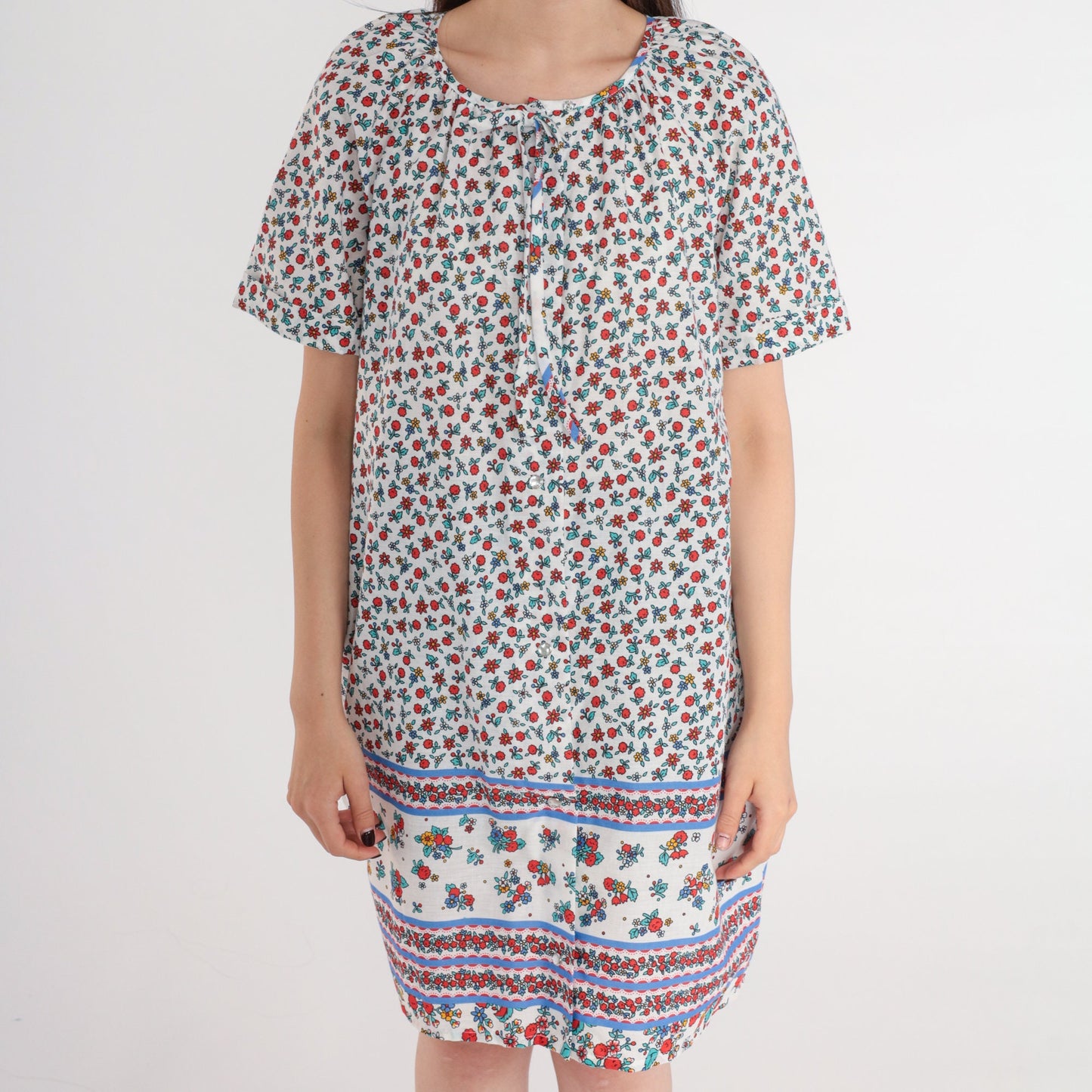 80s Leisure Life Floral Mini Nightgown Pearl Snap White Small