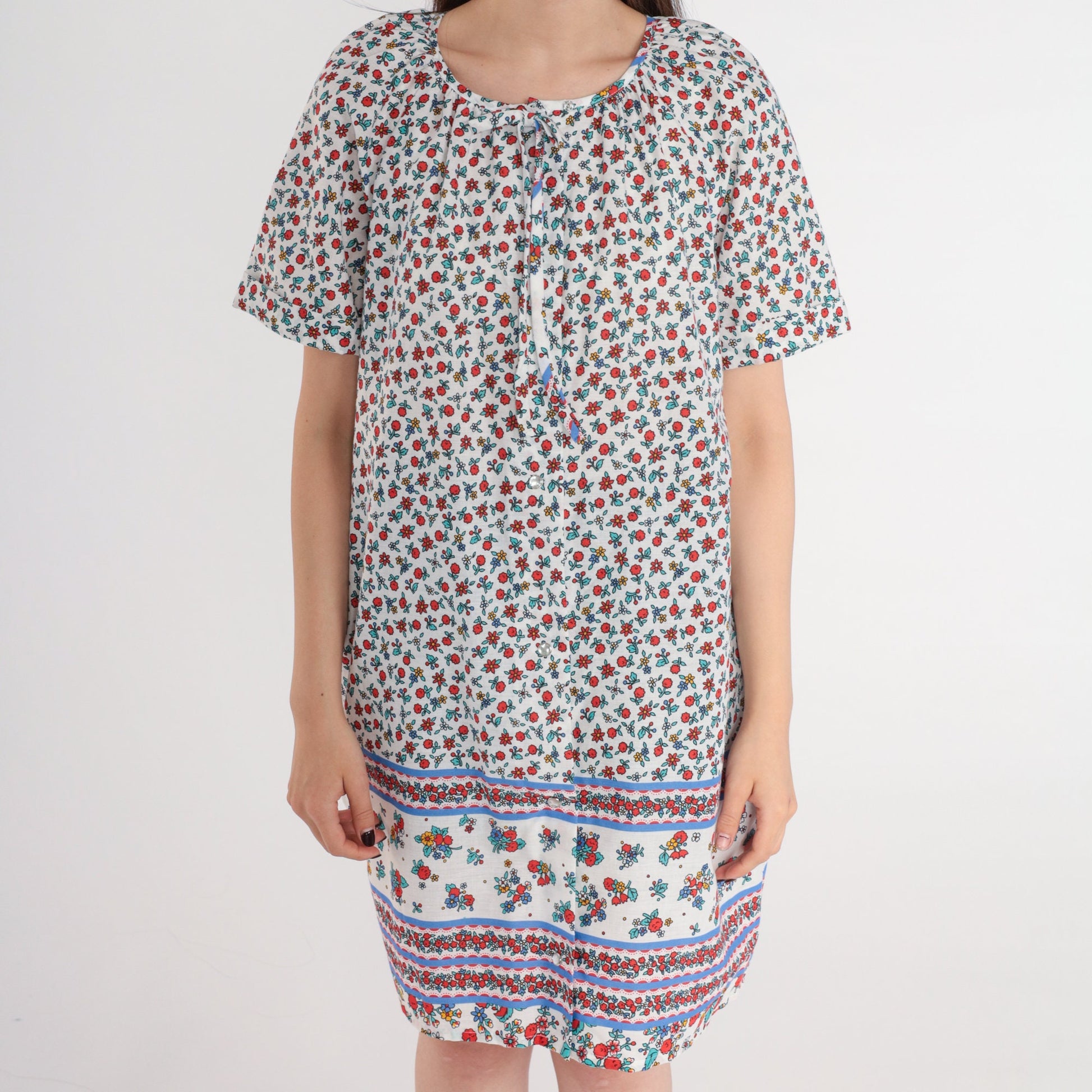80s Leisure Life Floral Mini Nightgown Pearl Snap White Small