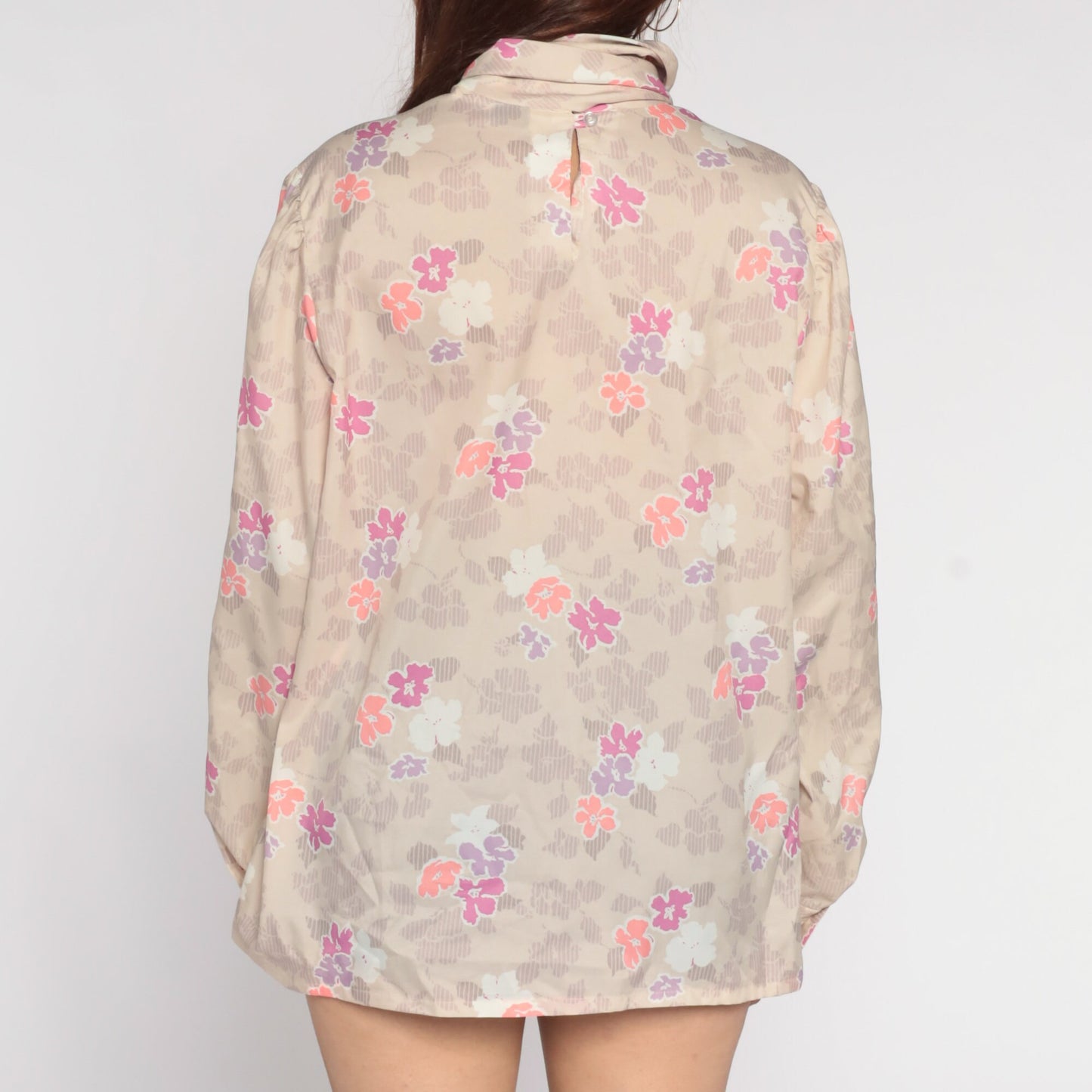 70s Floral Ascot Blouse Beige Neck Tie Long Sleeve Shirt Extra Large XXL