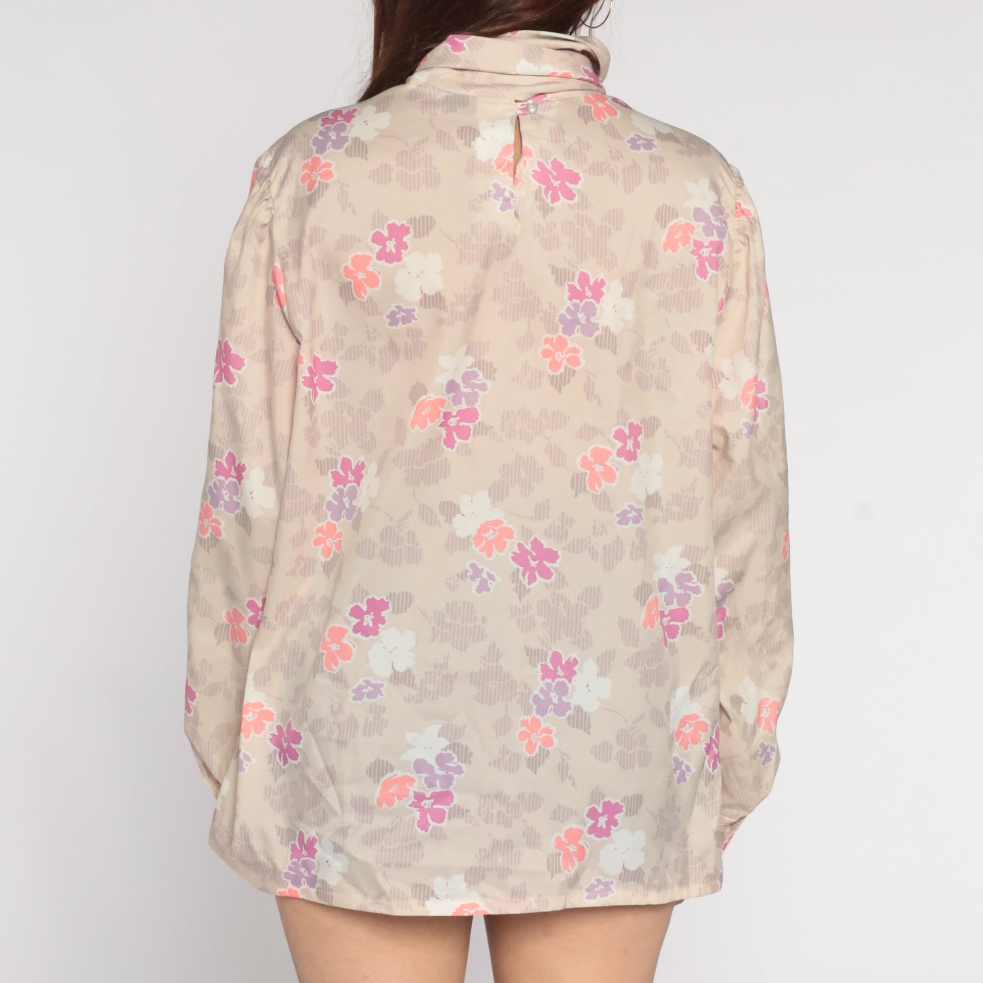 70s Floral Ascot Blouse Beige Neck Tie Long Sleeve Shirt Extra Large XXL