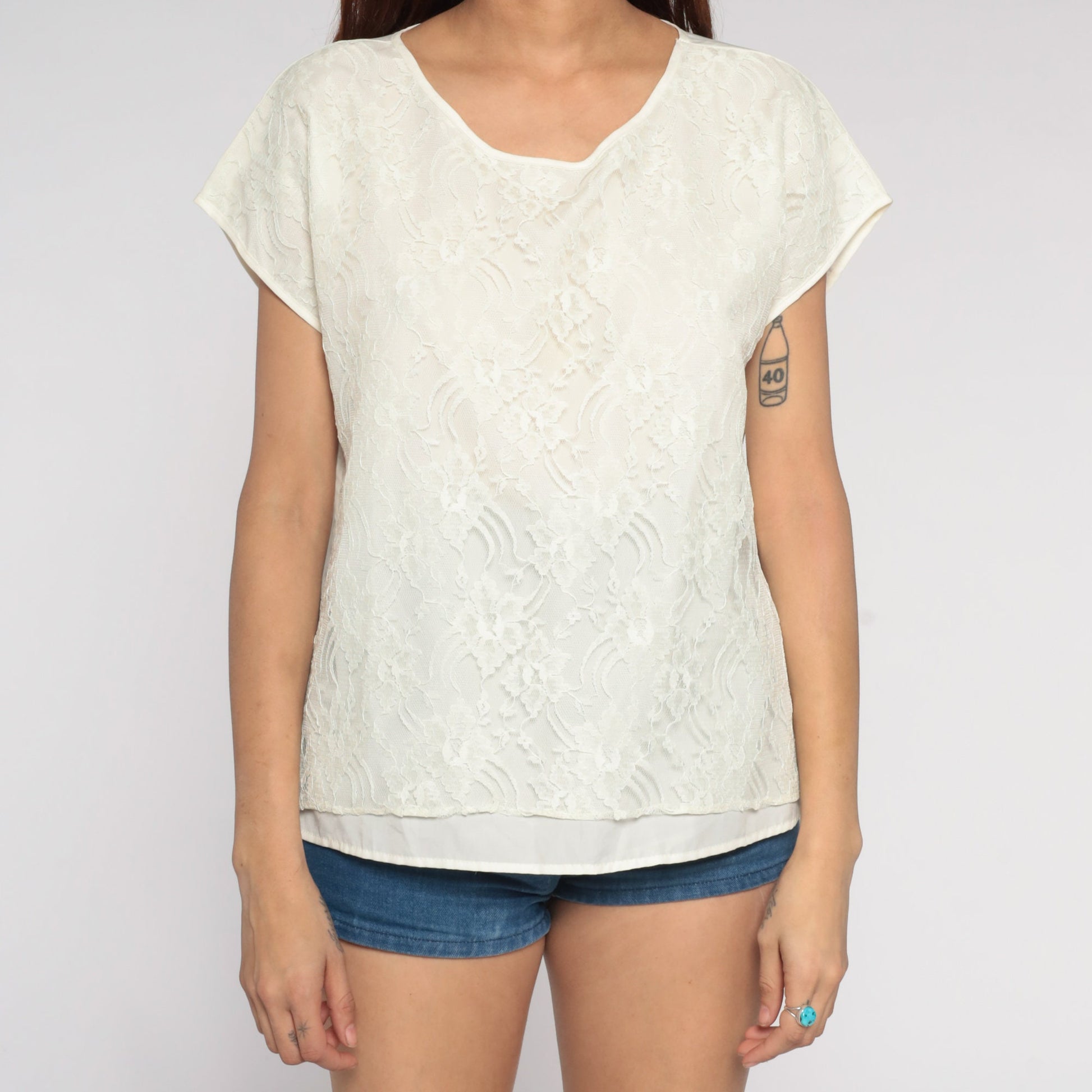 70s White Lace Blouse Cap Sleeve Scoop Neck Layered Front Large