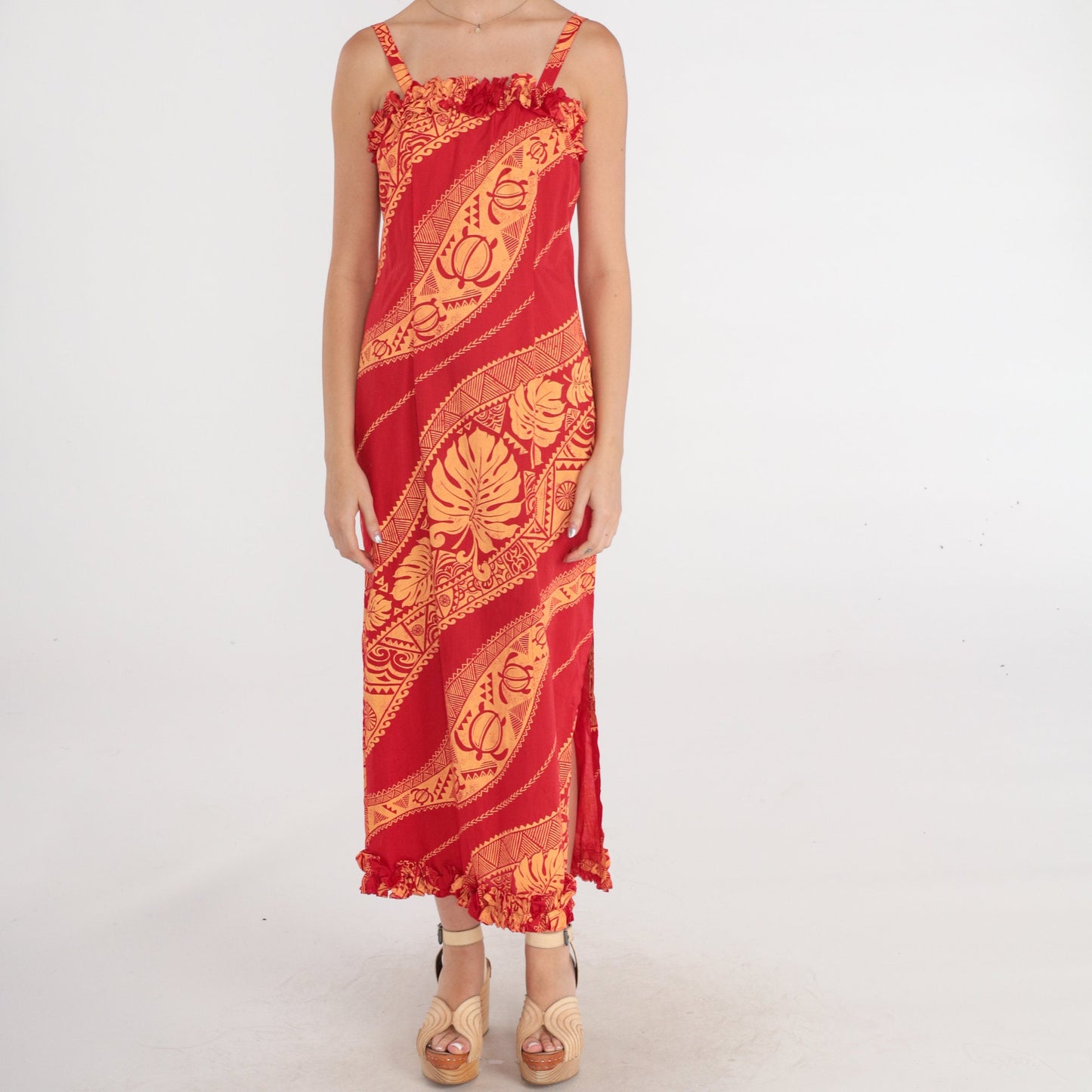 90s Hawaiian Sun Dress Maxi Sea Turtle Print Red Tropical Sundress XS