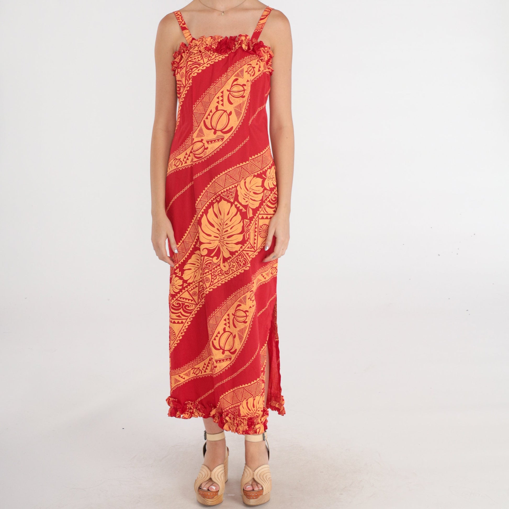 90s Hawaiian Sun Dress Maxi Sea Turtle Print Red Tropical Sundress XS