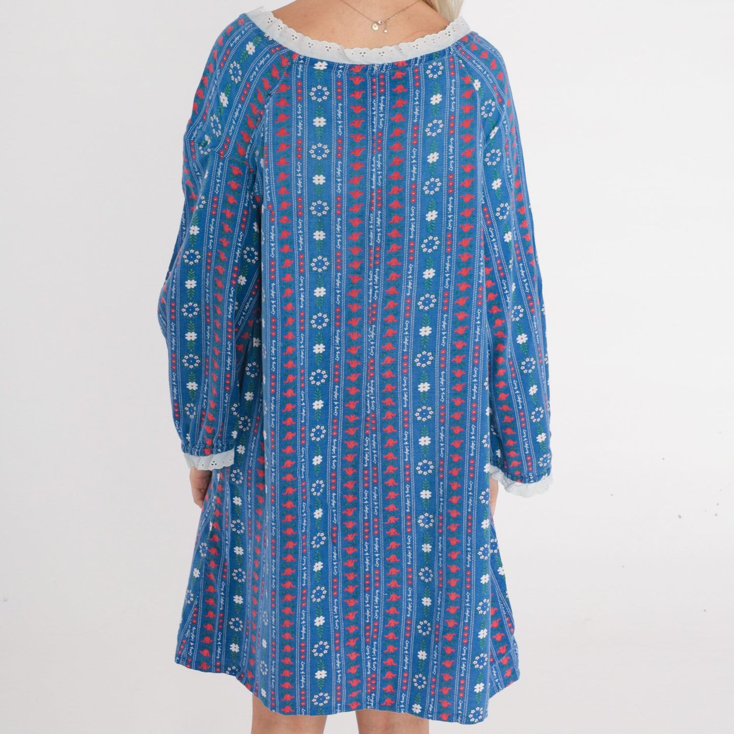 70s Lanz of Salzburg Floral Nightgown Eyelet Lace Keyhole Neck Blue Medium