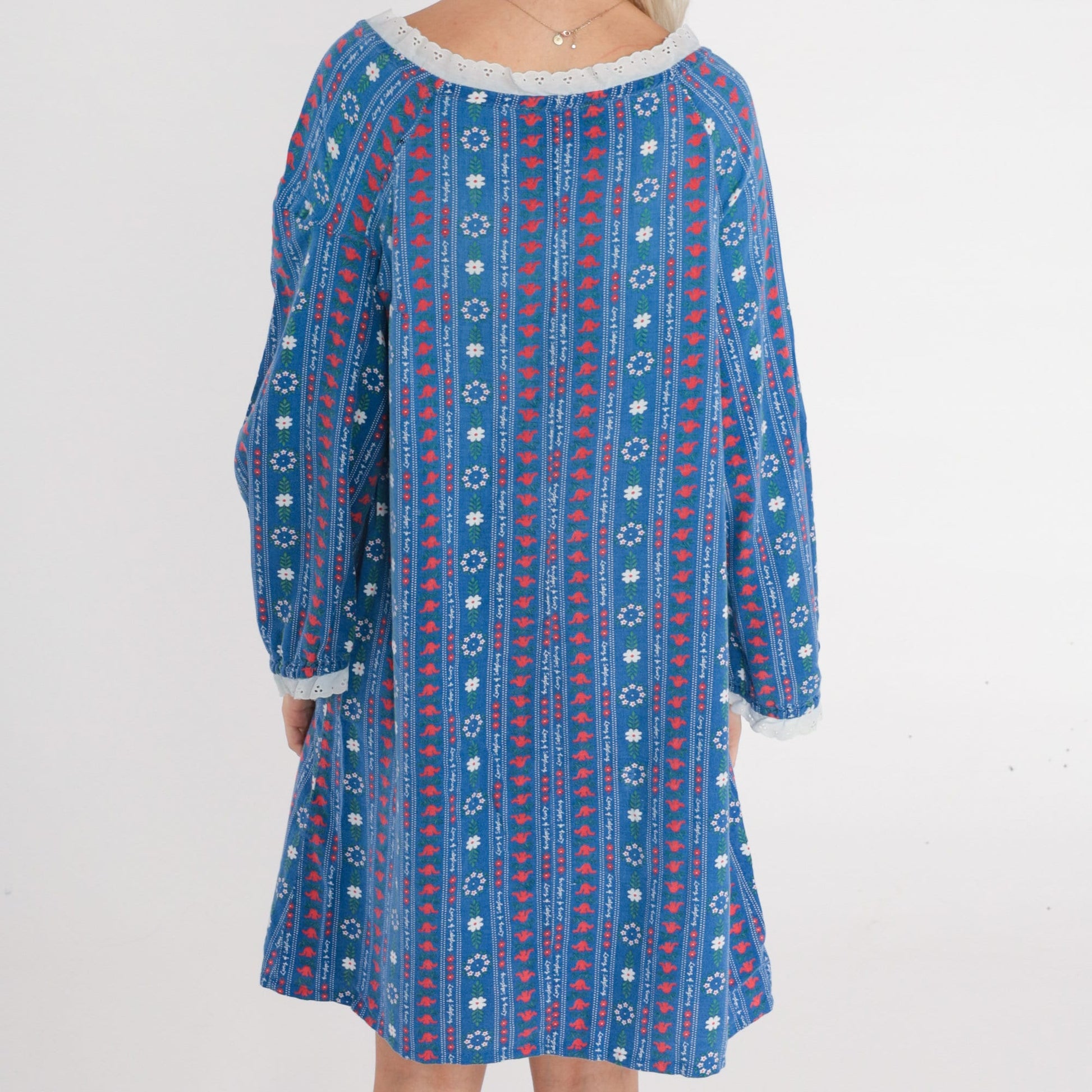 70s Lanz of Salzburg Floral Nightgown Eyelet Lace Keyhole Neck Blue Medium