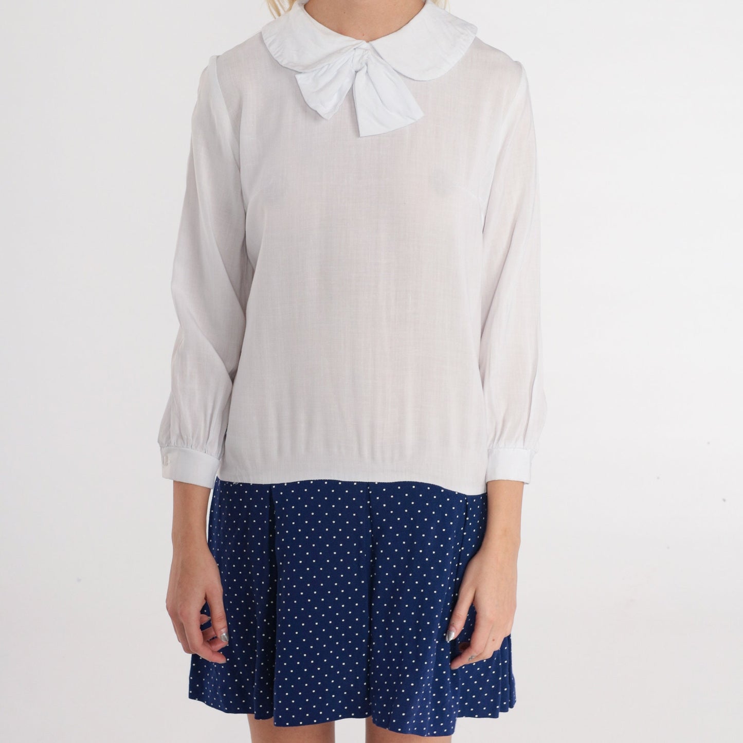 60s Mod Mini Dress Peter Pan Collar Drop Waist White Navy Polka Dot Extra Small