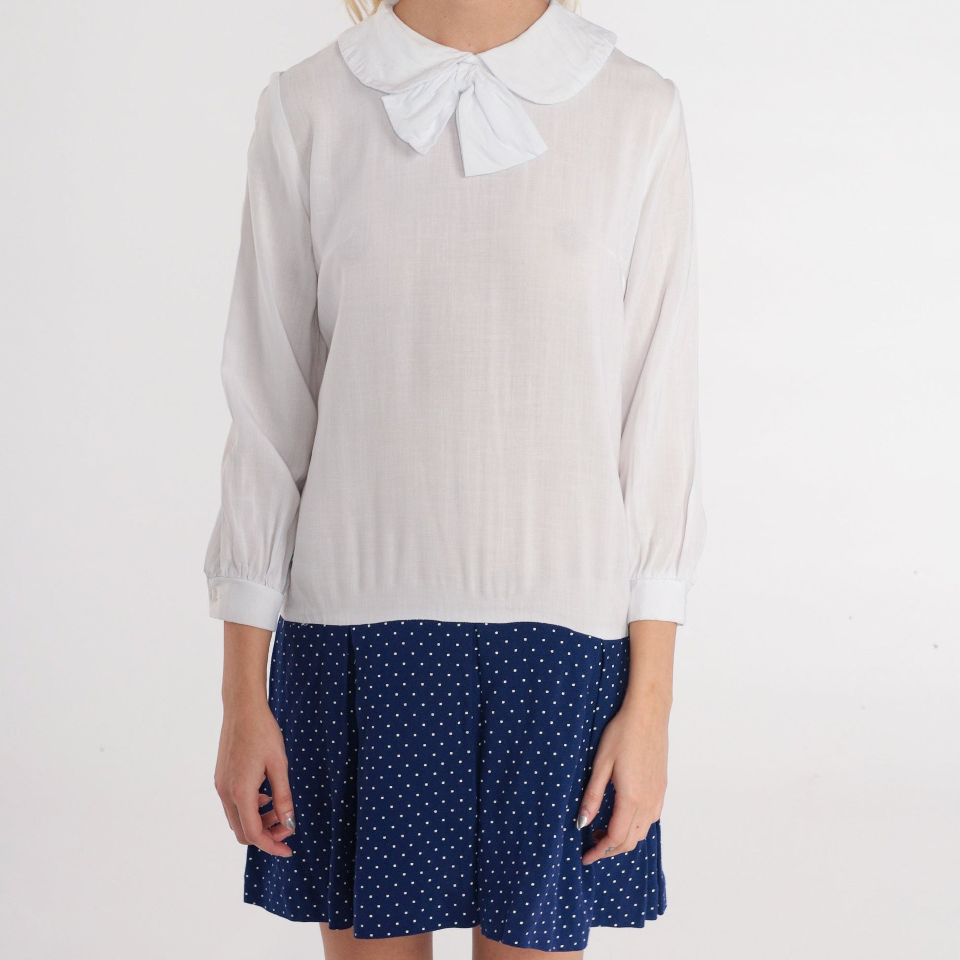 60s Mod Mini Dress Peter Pan Collar Drop Waist White Navy Polka Dot Extra Small