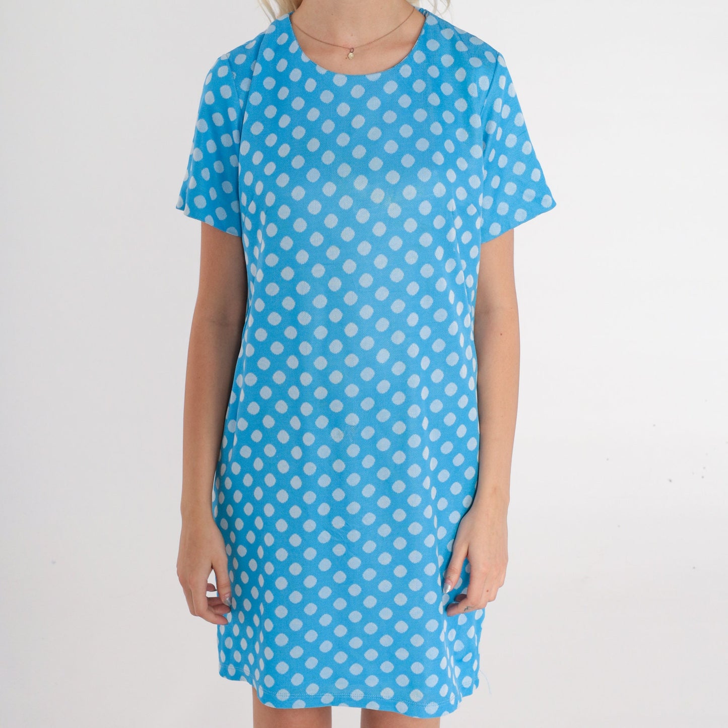 60s Blue Polka Dot Shift Dress Mini Mod Space Age Short Sleeve Small S