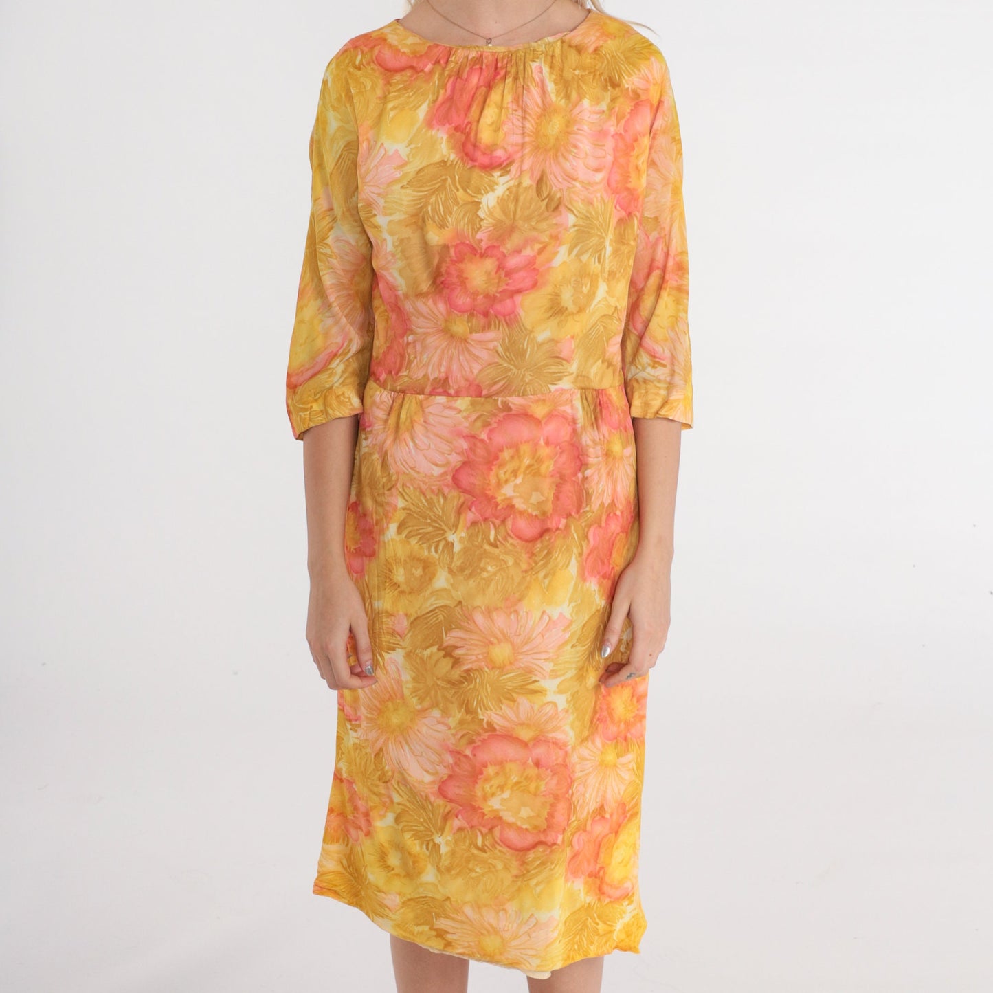 1960s Floral Watercolor Print Dress High Waist 3/4 Sleeve Midi Yellow Green Small