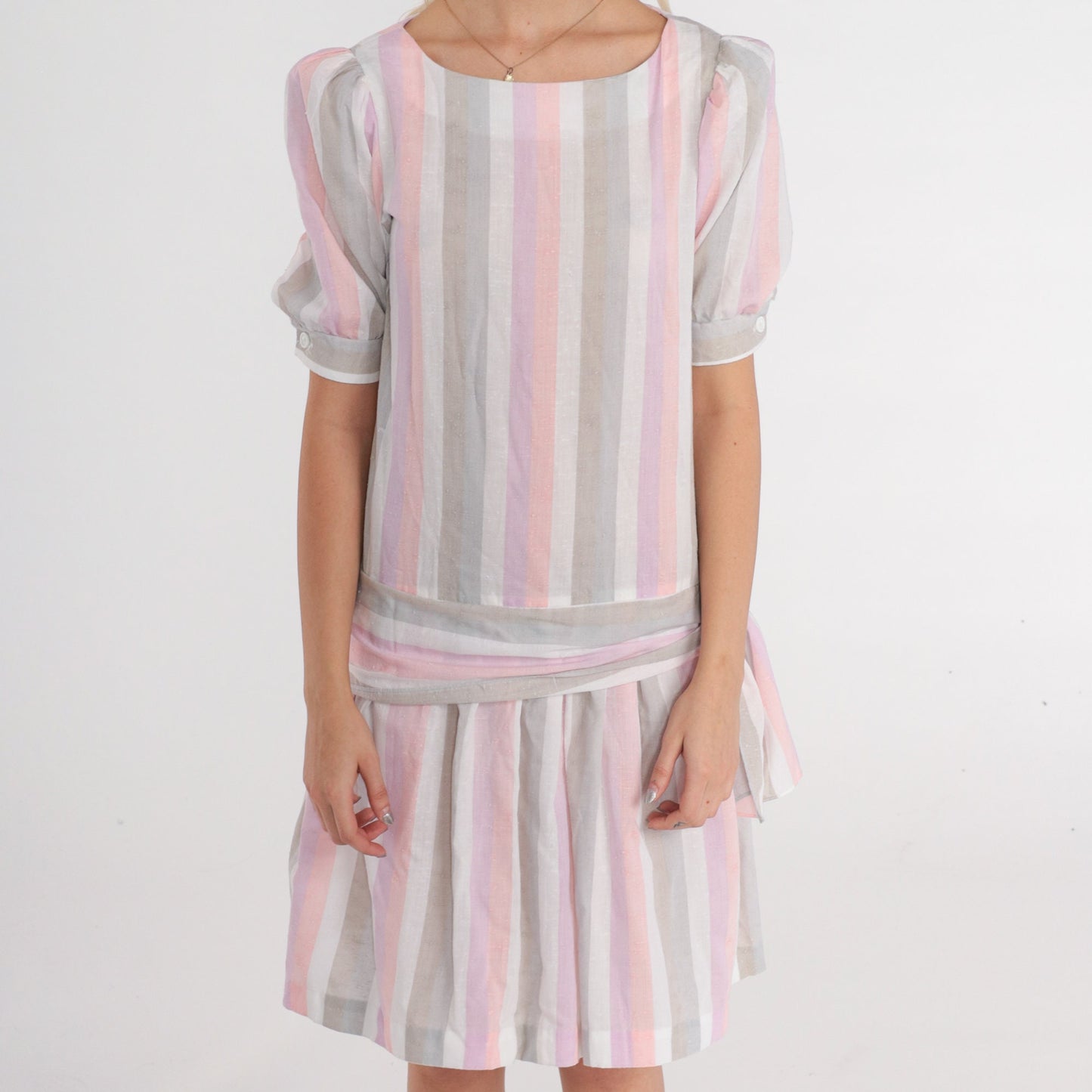 80s Striped Mini Dress Puff Sleeve Drop Waist Tie Side Pink Purple Small