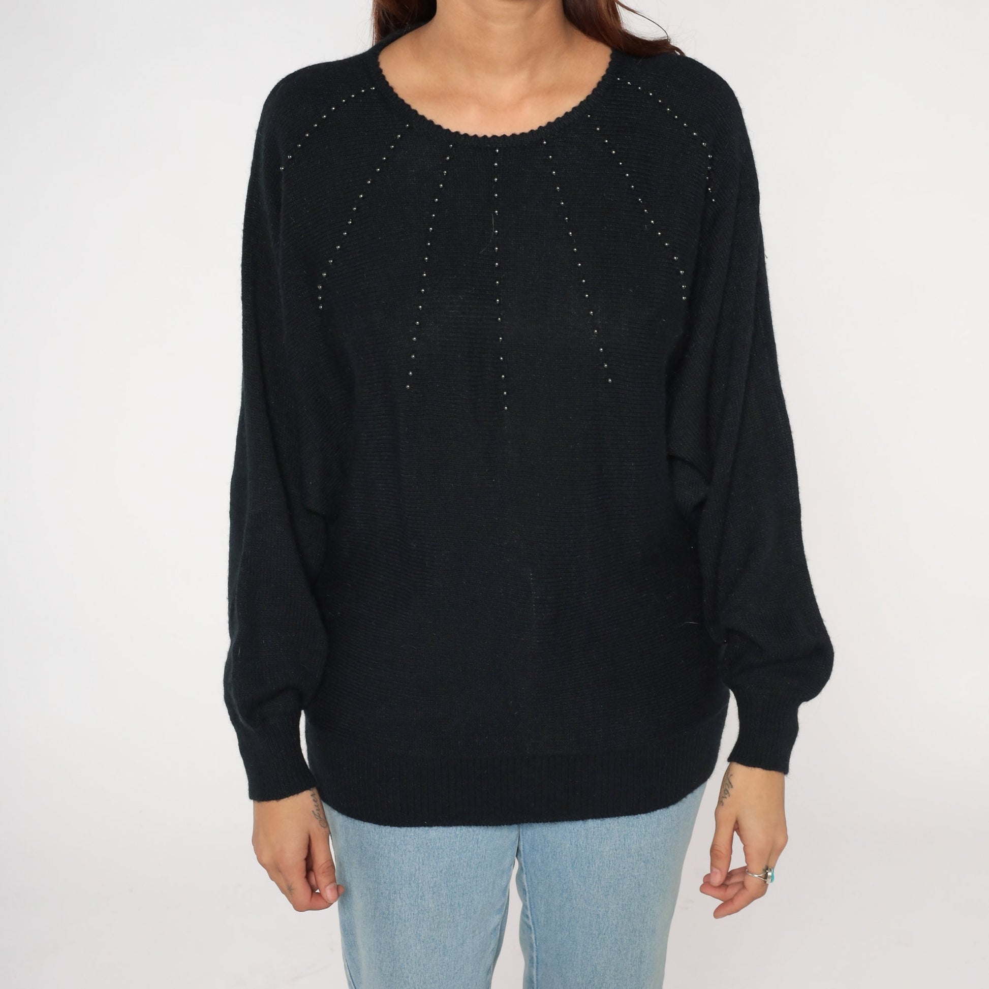 80s Black Beaded Knit Sweater Batwing Dolman Sleeve Pullover Small Medium