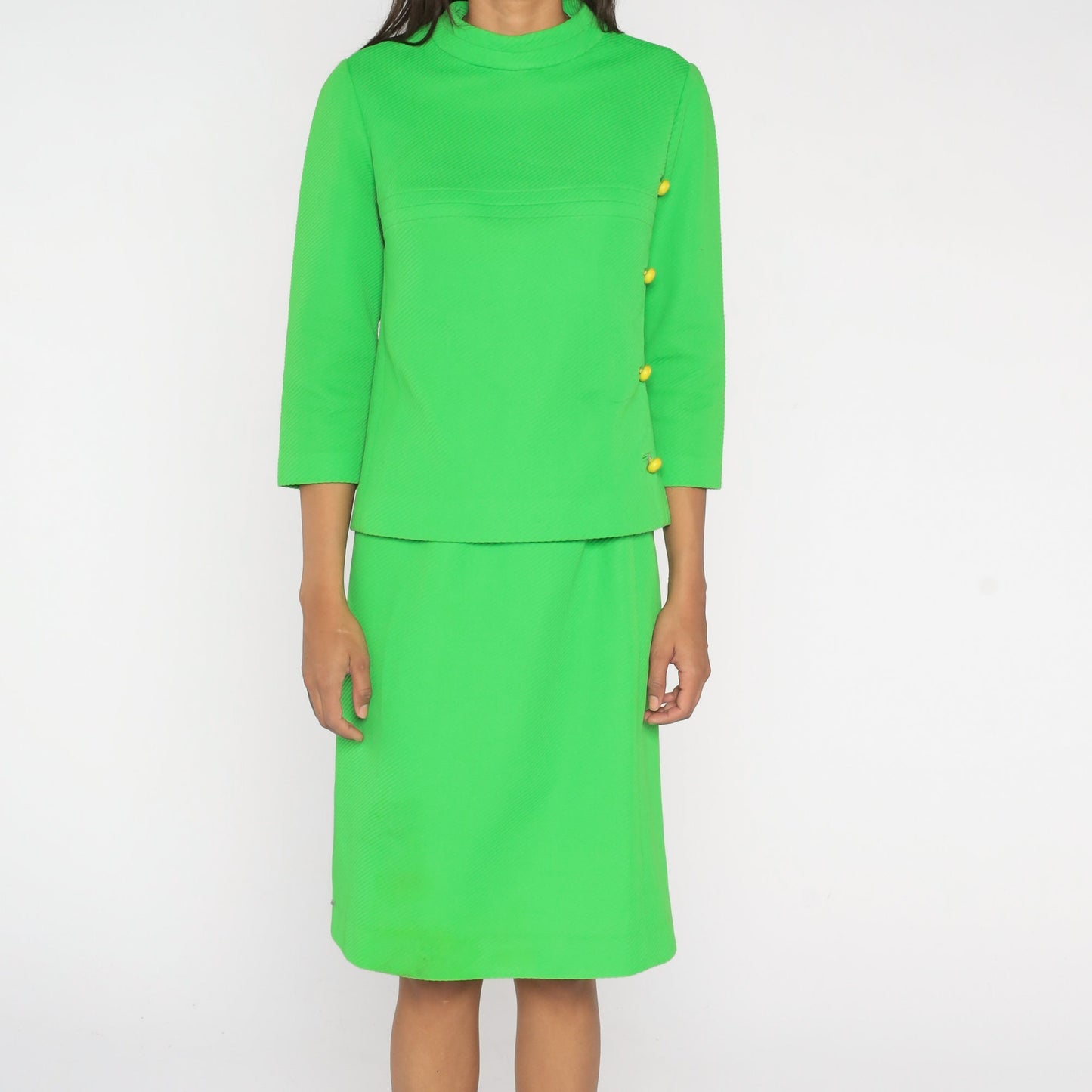 60s Neon Lime Green Mod Two Piece Dress Suit Cowl Neck Top Pencil Skirt Small