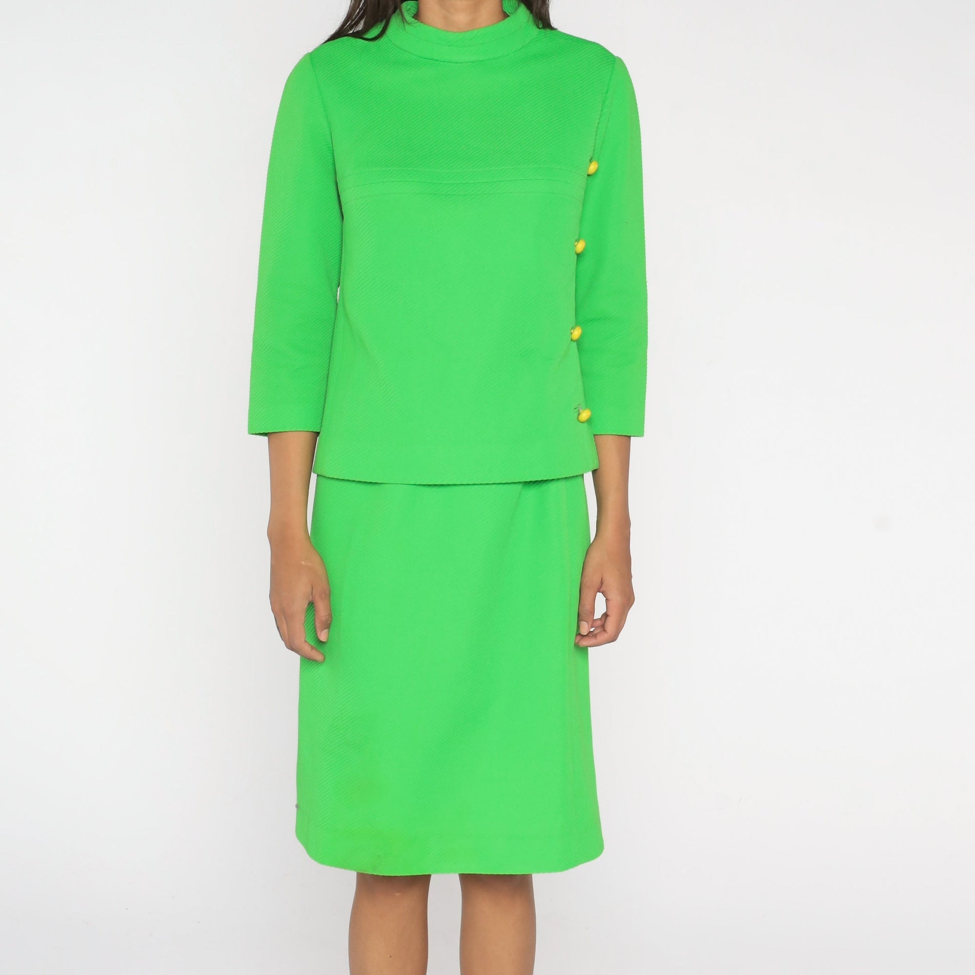 60s Neon Lime Green Mod Two Piece Dress Suit Cowl Neck Top Pencil Skirt Small