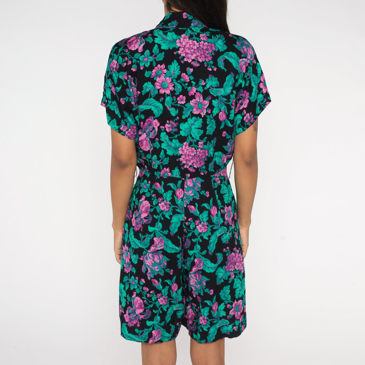 80s Floral Wrap Romper High Waist Wide Leg Black Green Purple Medium