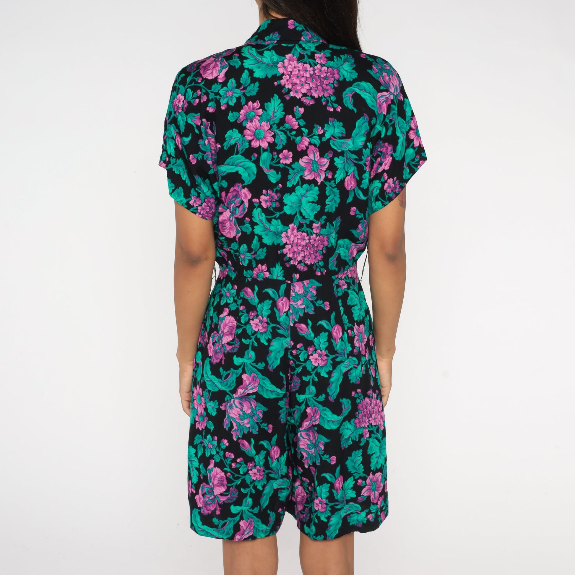 80s Floral Wrap Romper High Waist Wide Leg Black Green Purple Medium