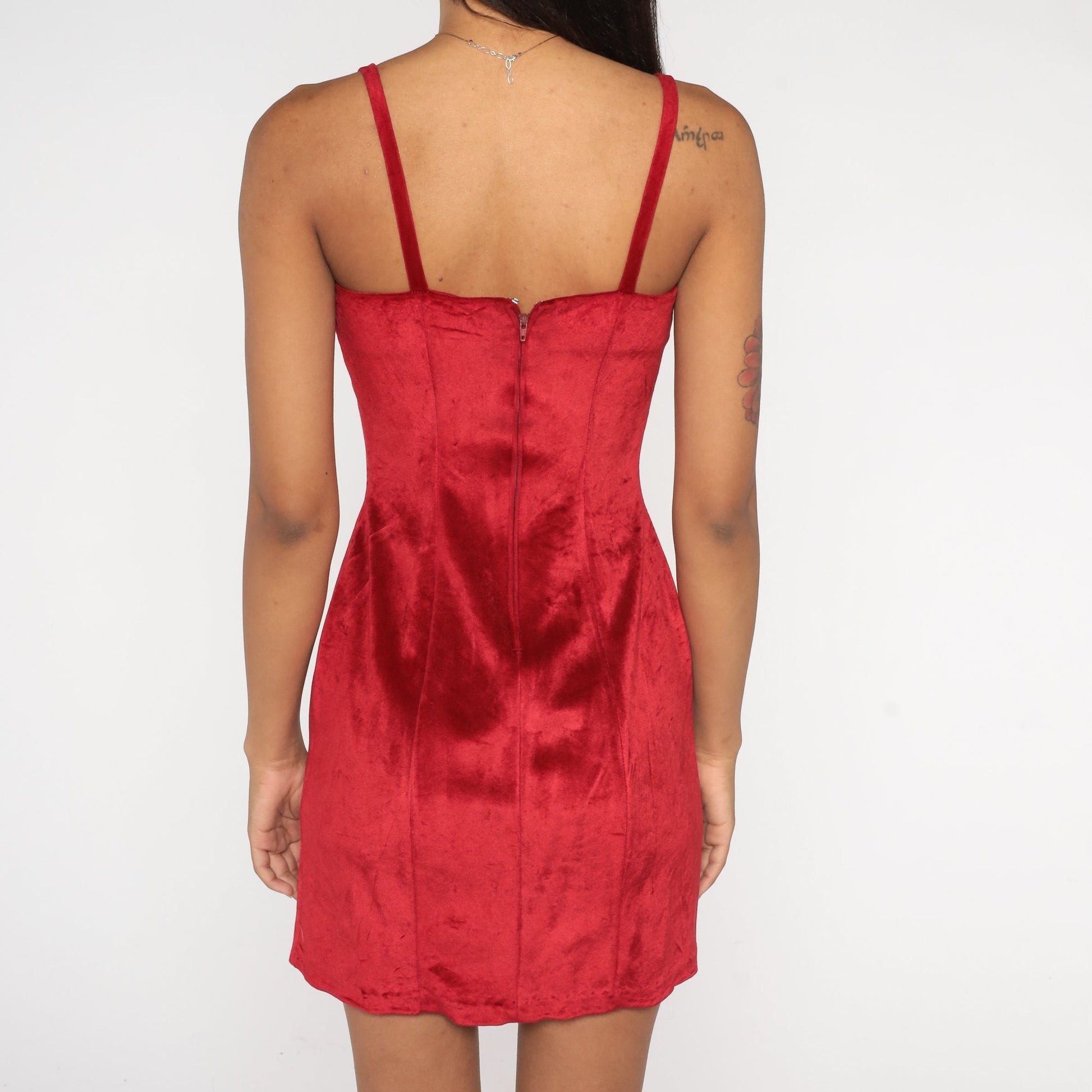 90s Red Velour Mini Dress Sweetheart Neckline Spaghetti Strap Extra Small XS