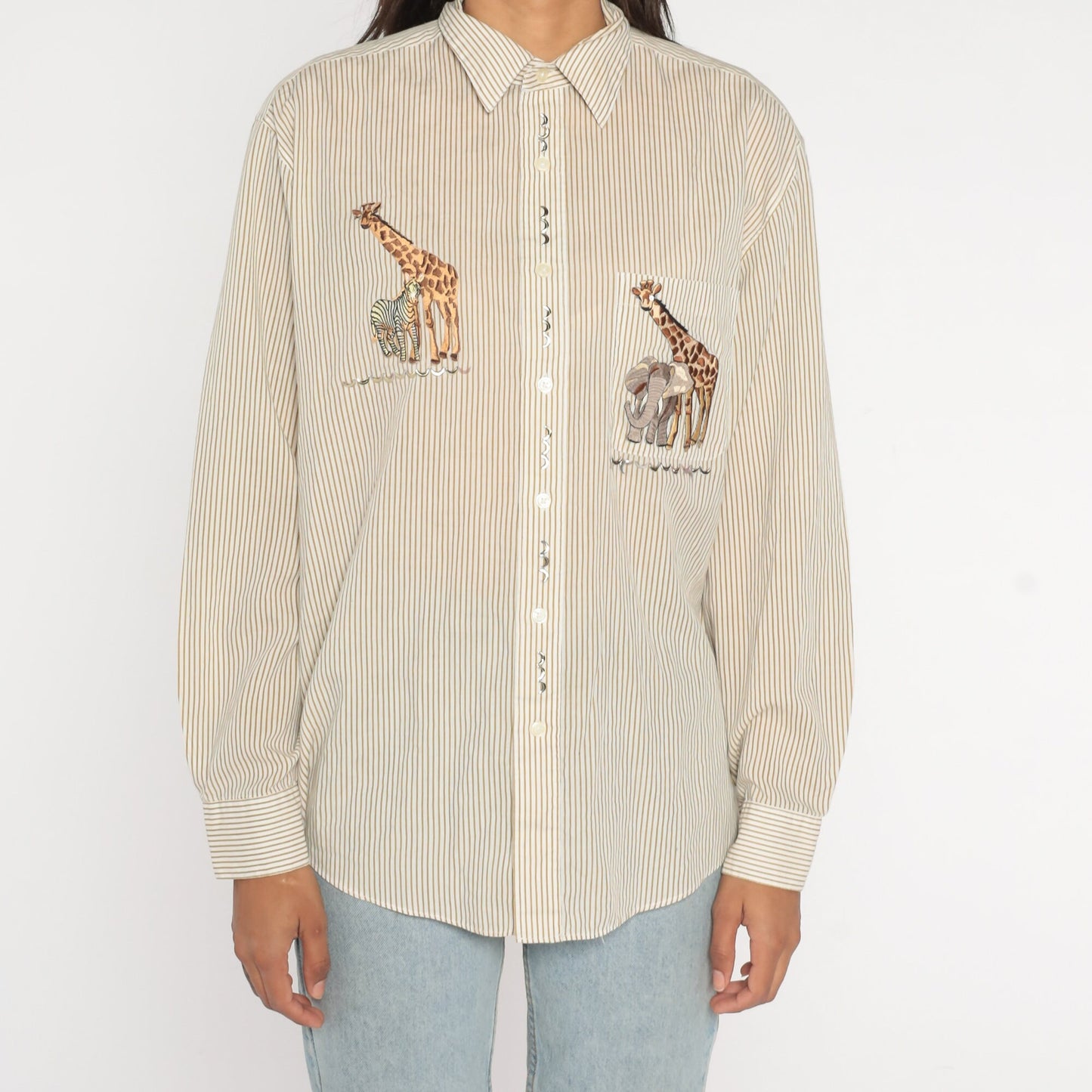 90s Safari Animal Shirt Giraffe Elephant Zebra Button Up Studs Medium