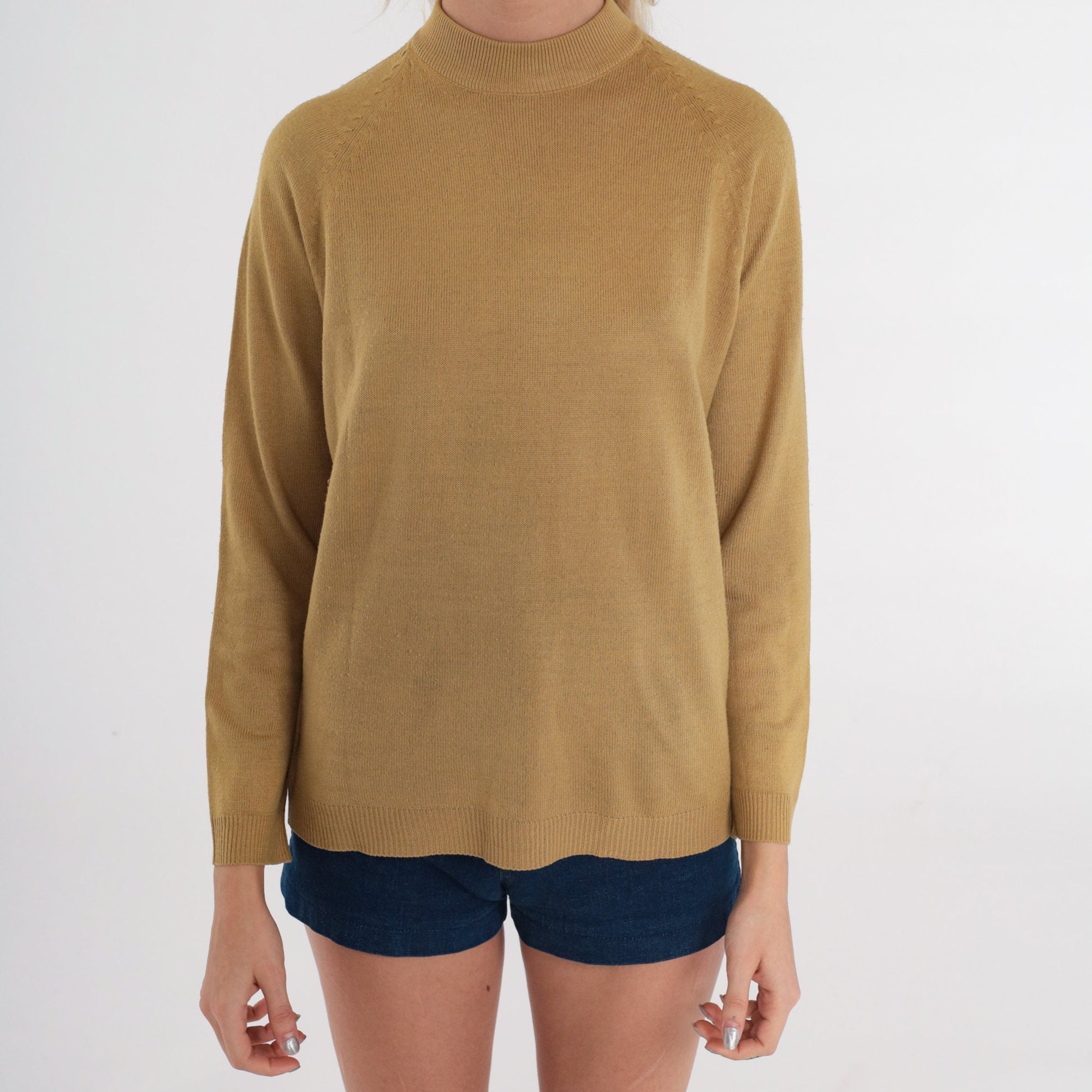 70s Dark Mustard Yellow Knit Sweater Mock Neck Raglan Pullover Medium