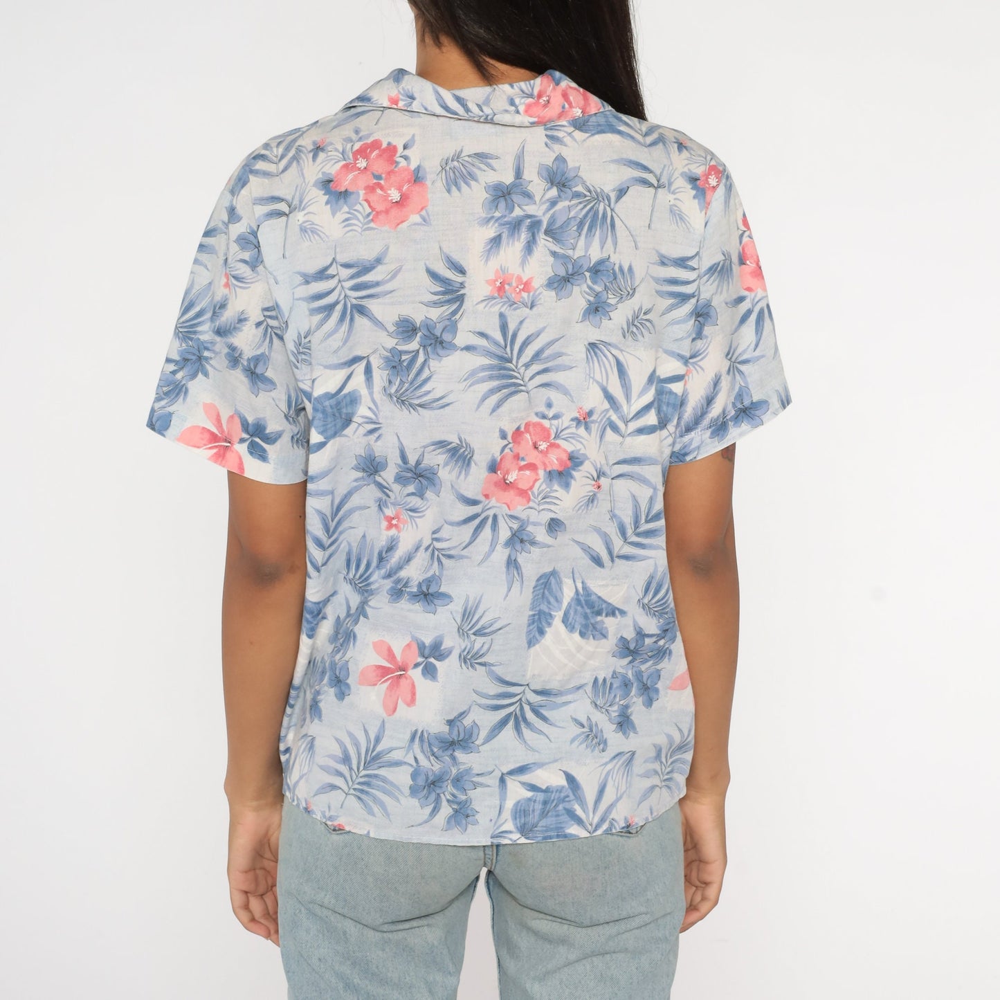 90s Floral Button Up Shirt Blue Pink Short Sleeve Blouse Large