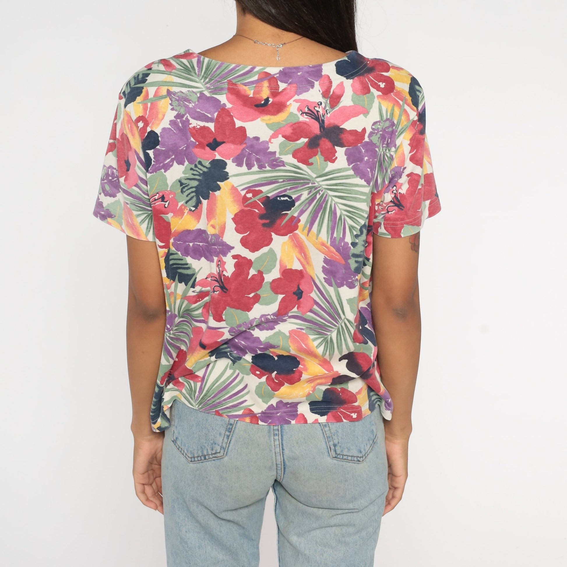 90s Jaclyn Smith Tropical Floral Blouse Off-White Multicolor Print Medium