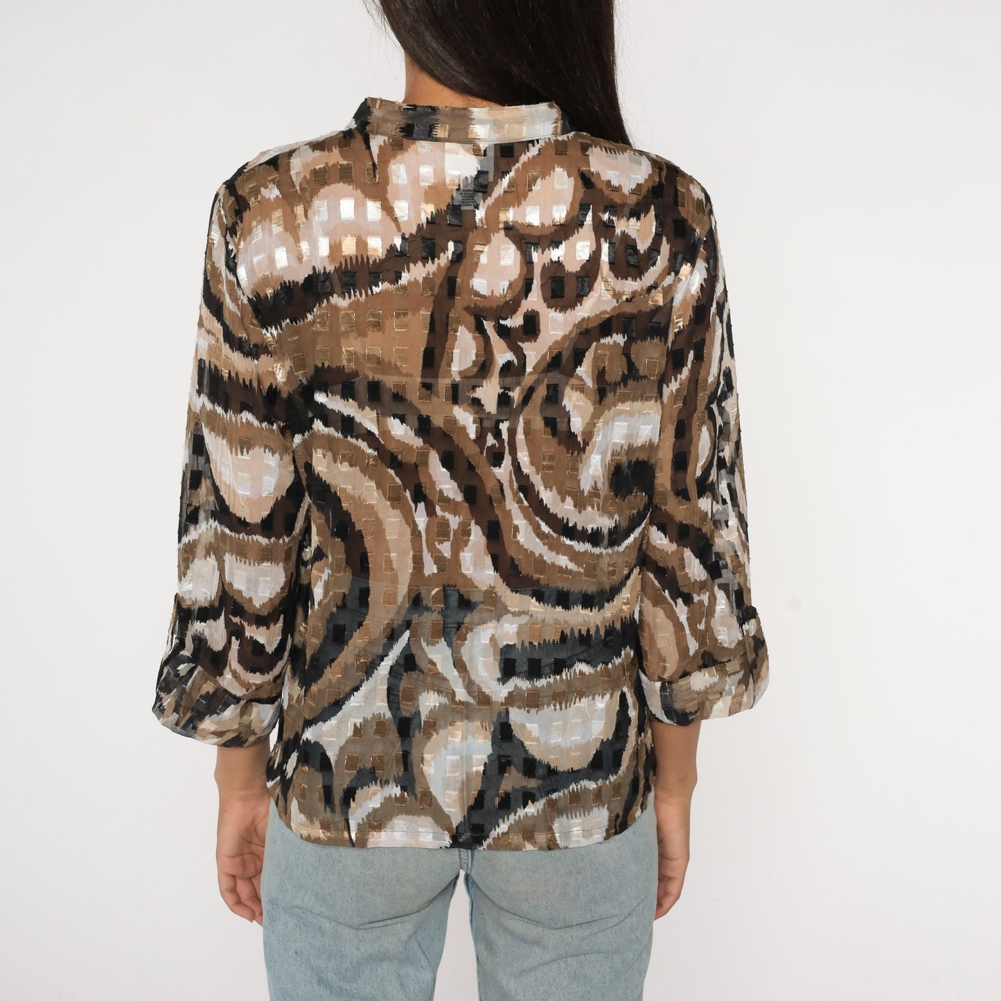 Y2K Ruby Road Blouse Metallic Swirl Print Black Brown White Button Up Medium