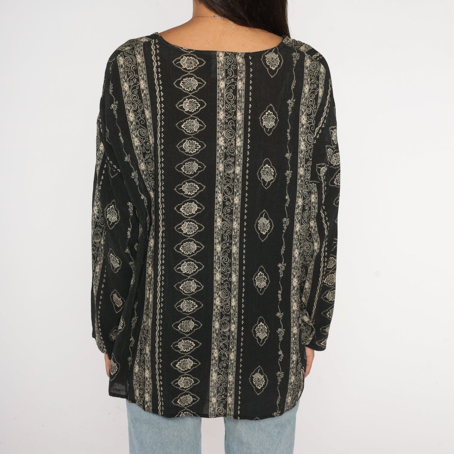 90s Black Striped Floral Rayon Button-Up Blouse Long Sleeve Small