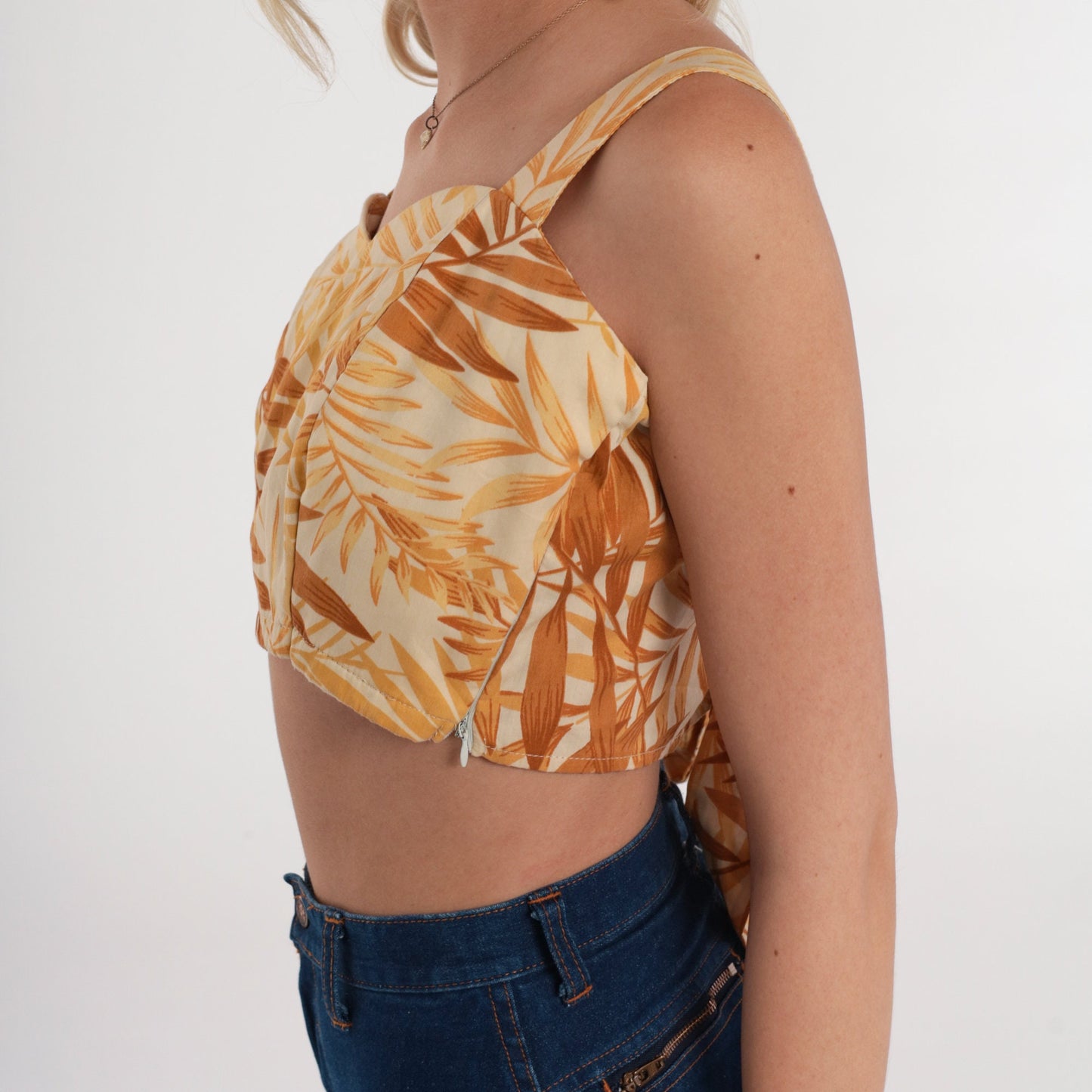 90s Tropical Botanical Crop Top Yellow Sweetheart Neckline Small