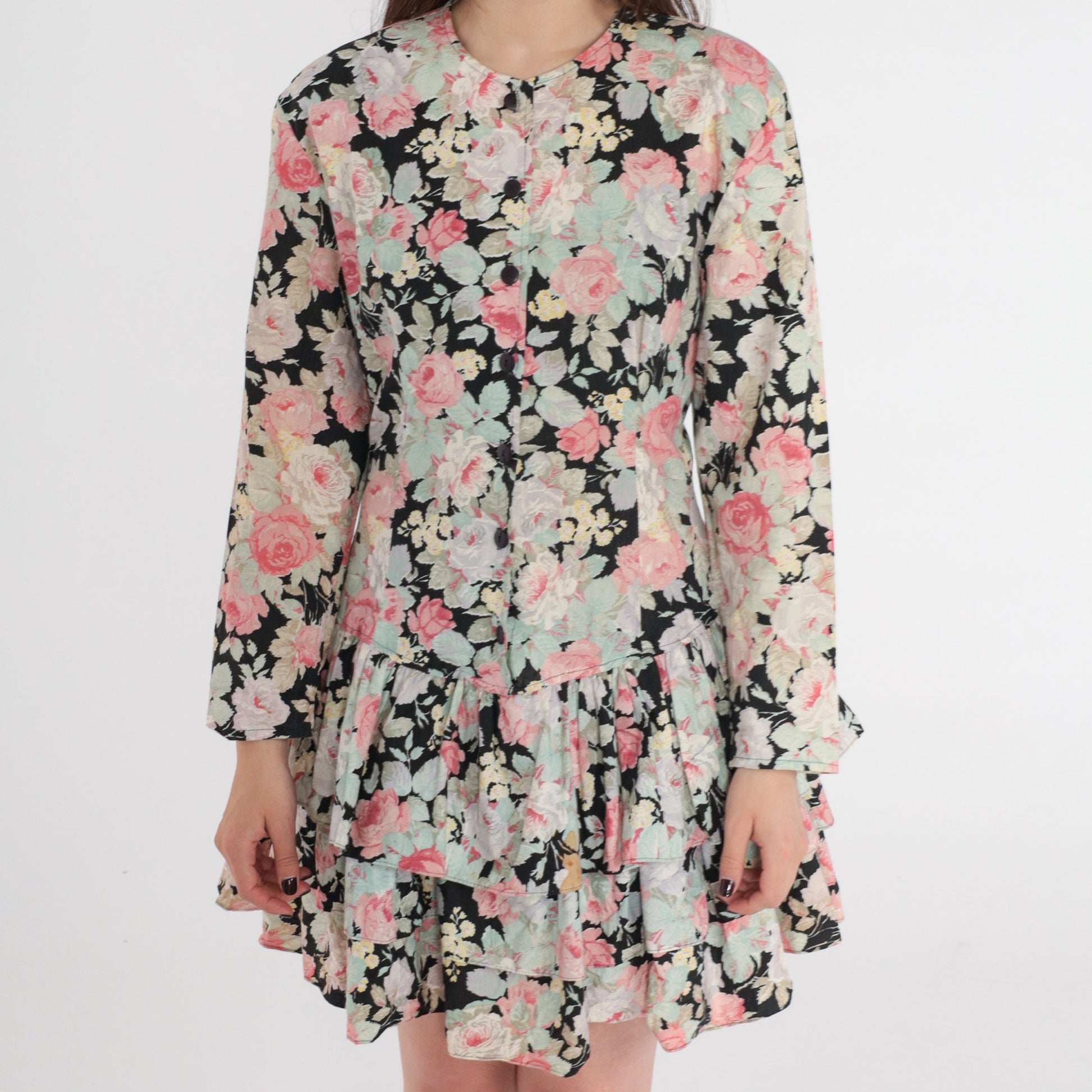 80s Byer Too Floral Mini Dress Drop Waist Tiered Ruffle Cotton Small