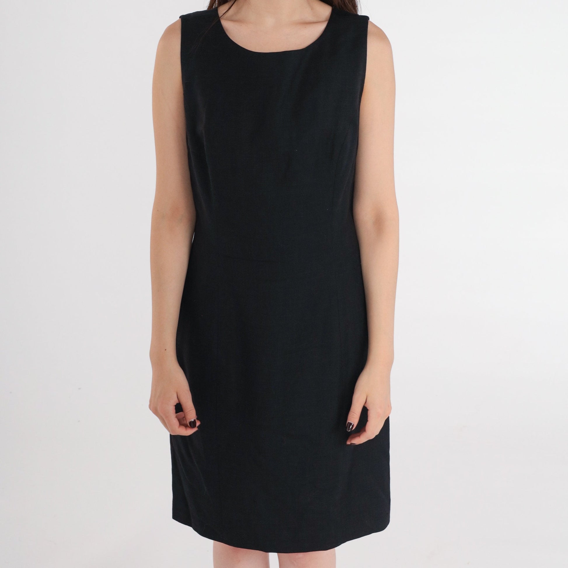 90s Black Mini Sheath Dress Sleeveless Round Neck Linen Rayon Medium M