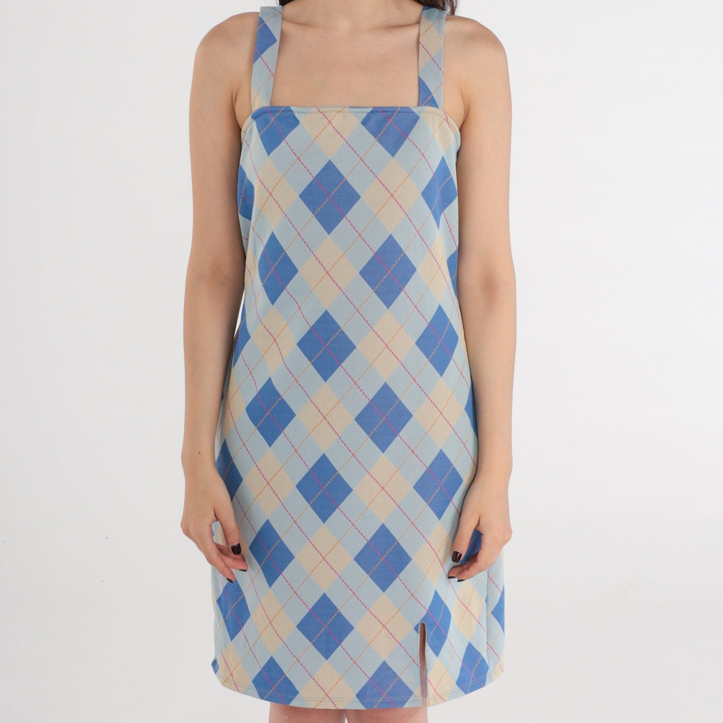 Y2K Blue Plaid Mini Shift Dress Spaghetti Strap Checkered Small Medium