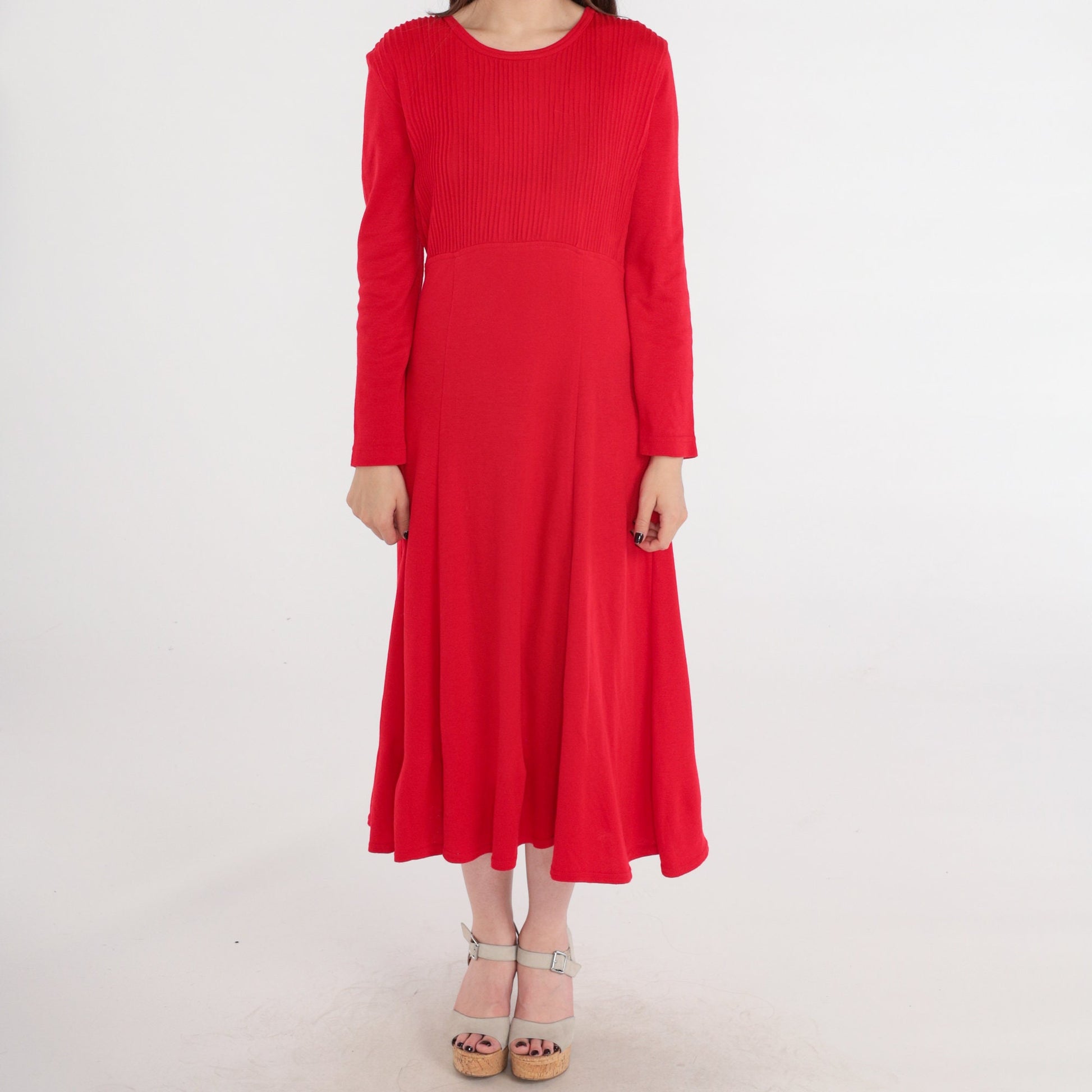 80s Red Midi Dress High Waist Pleated Long Sleeve Medium