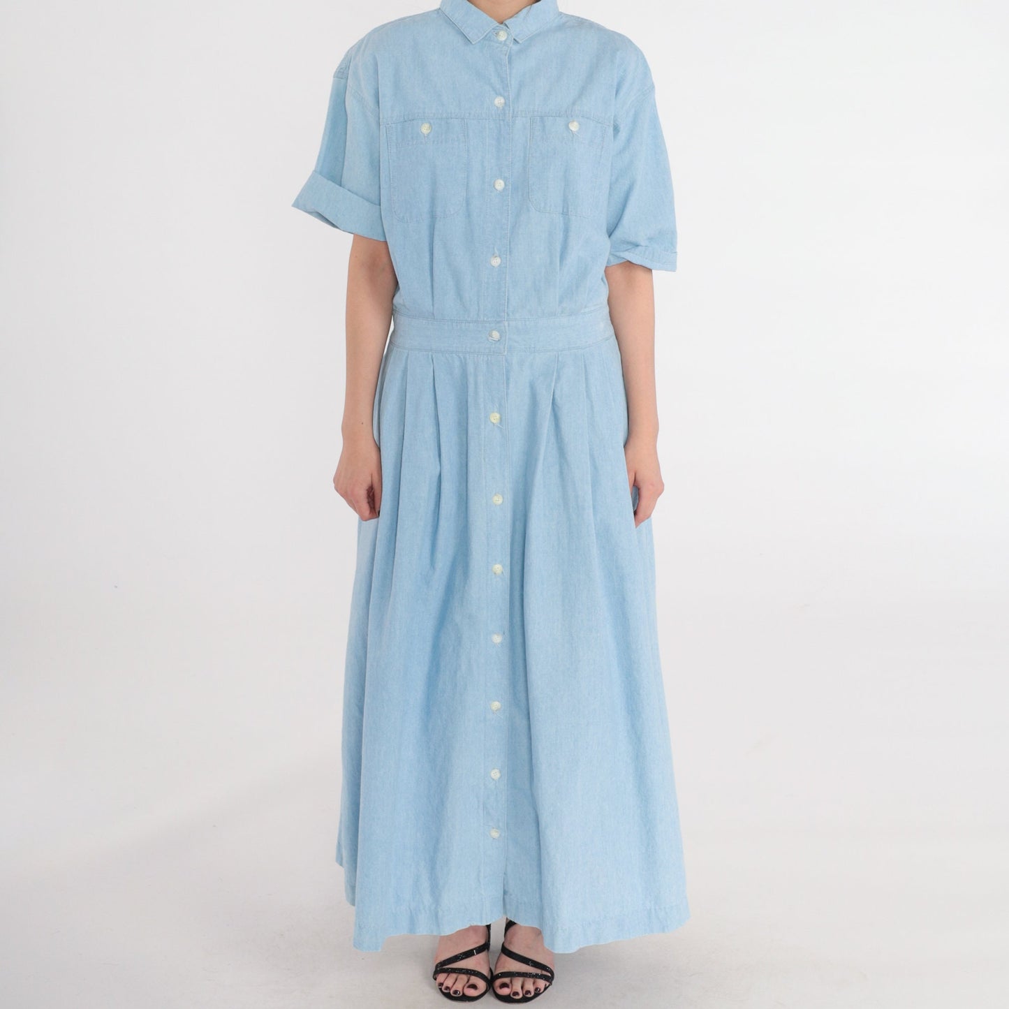 80s Norm Thompson Blue Denim Maxi Dress Button-Up Chest Pocket Extra Large
