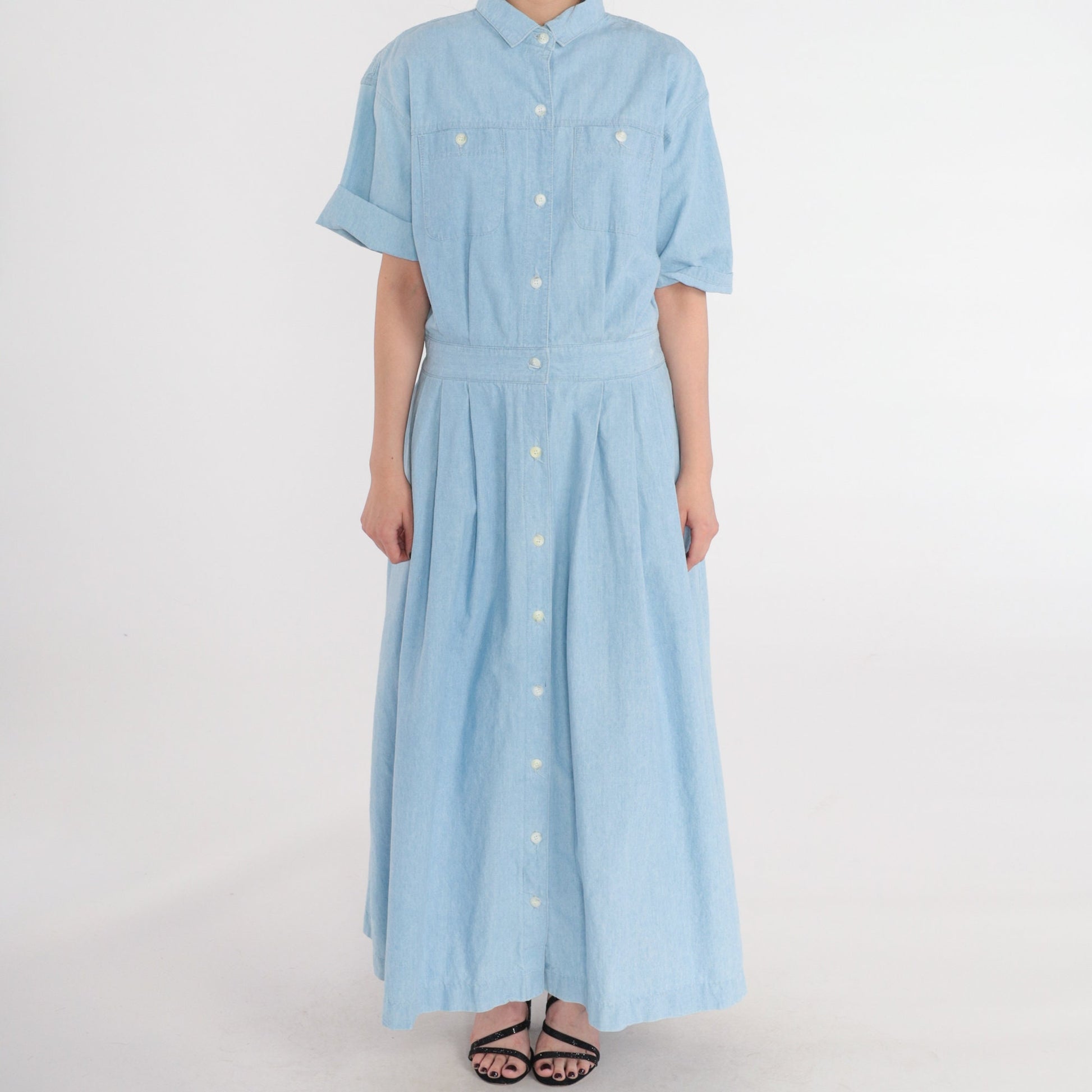 80s Norm Thompson Blue Denim Maxi Dress Button-Up Chest Pocket Extra Large