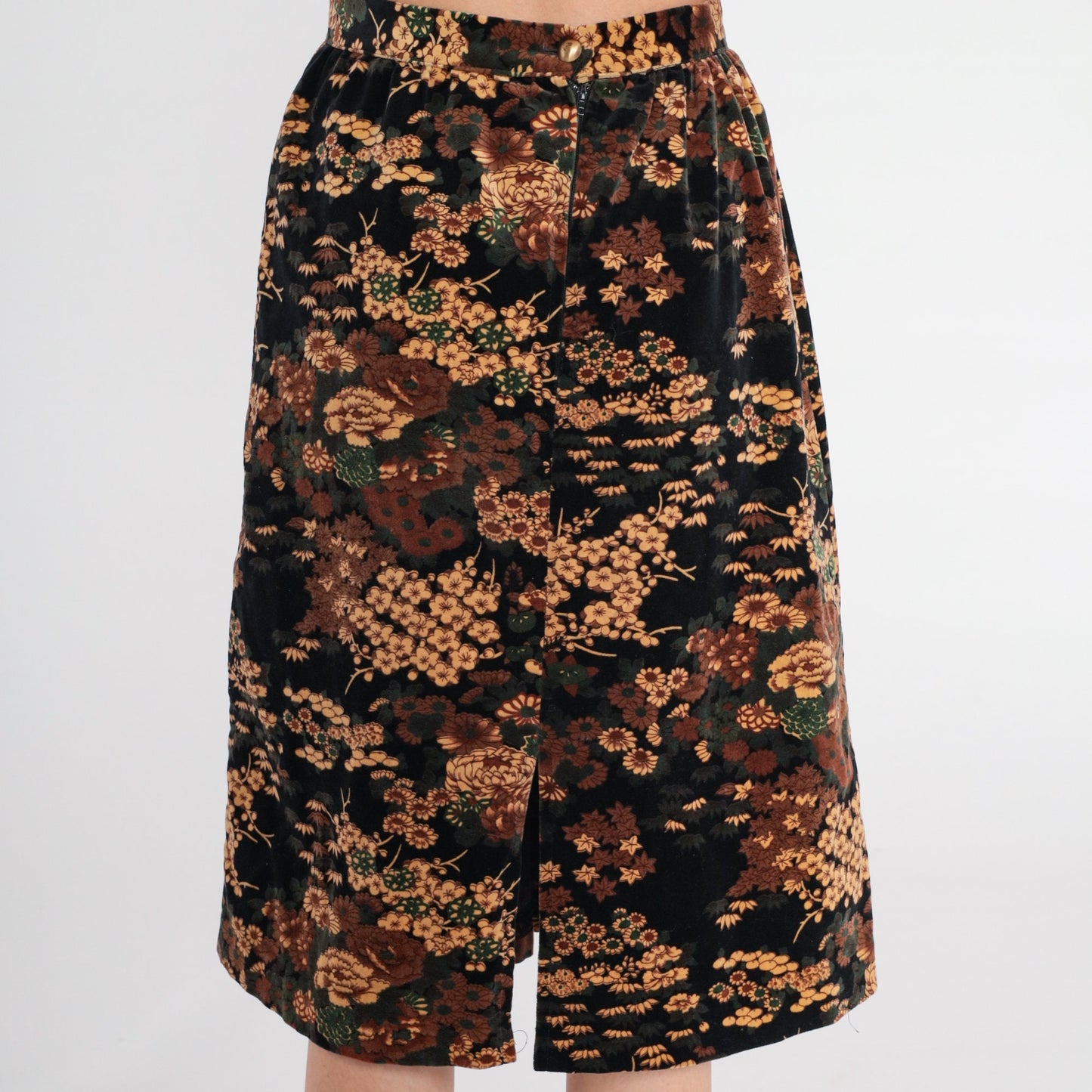 80s Black Velvet Floral Midi Skirt High Waisted Pencil Cut Small