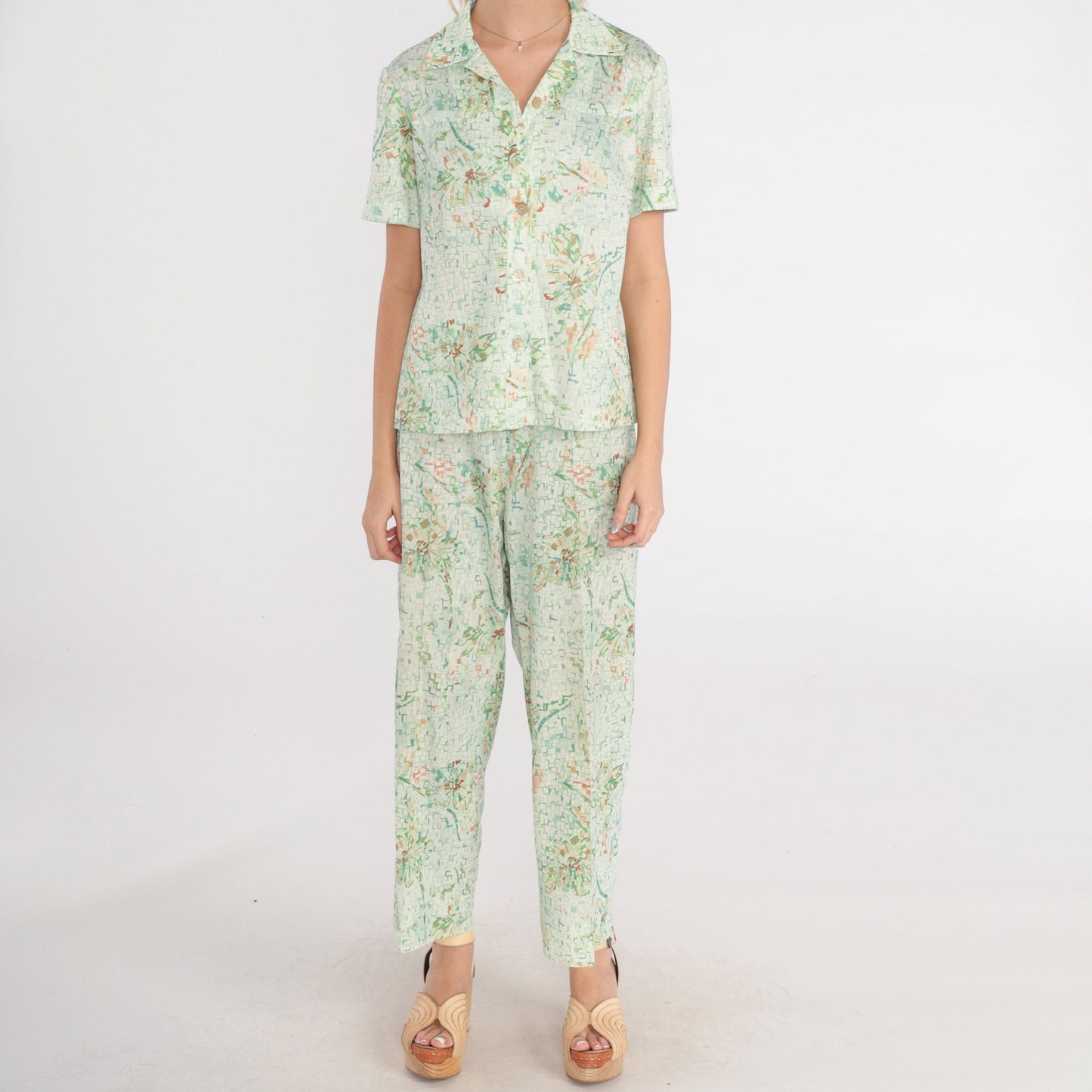 70s Floral Tile Print Two Piece Set Button Blouse Straight Pants Medium Large