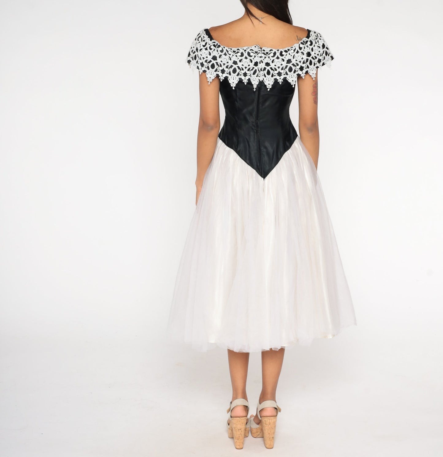 80s Black White Lace Off-Shoulder Tulle Midi Dress Basque Waist Extra Small