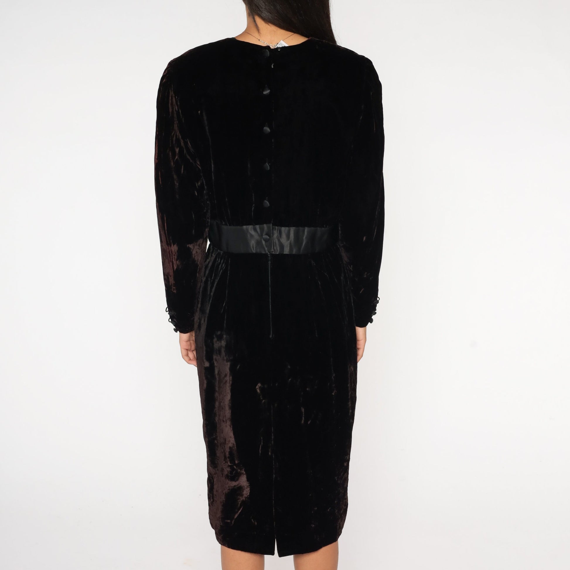 90s Black Velvet Midi Dress Long Sleeve High Waist Pencil Sheath Medium
