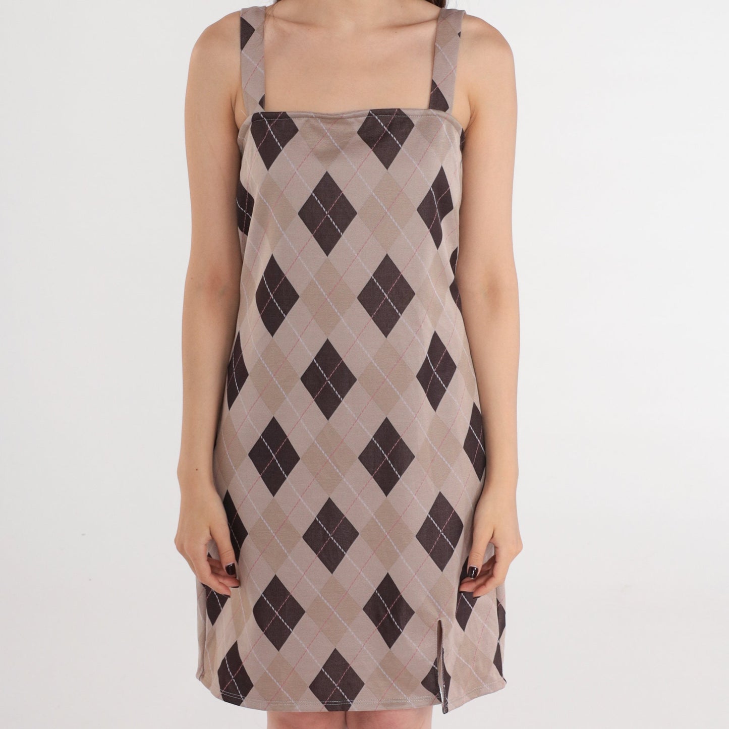 Y2K Tan Argyle Checkered Mini Sundress Spaghetti Strap Shift Small Medium